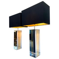 Pair of 1970s Willy Rizzo Brass and Chrome Lamps with New Bespoke Shades