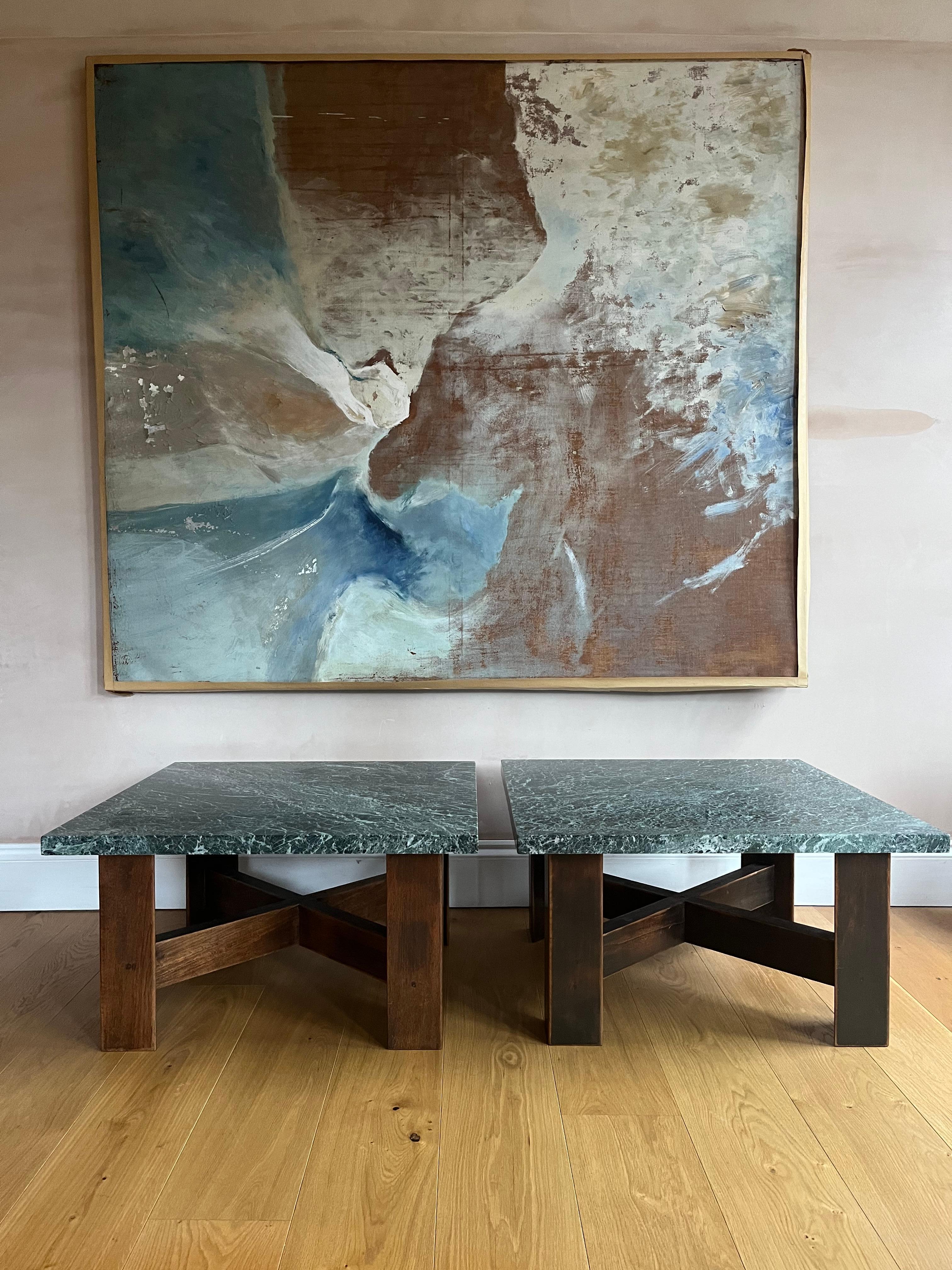 Pair of wood and marble brutalist side or coffee tables.
