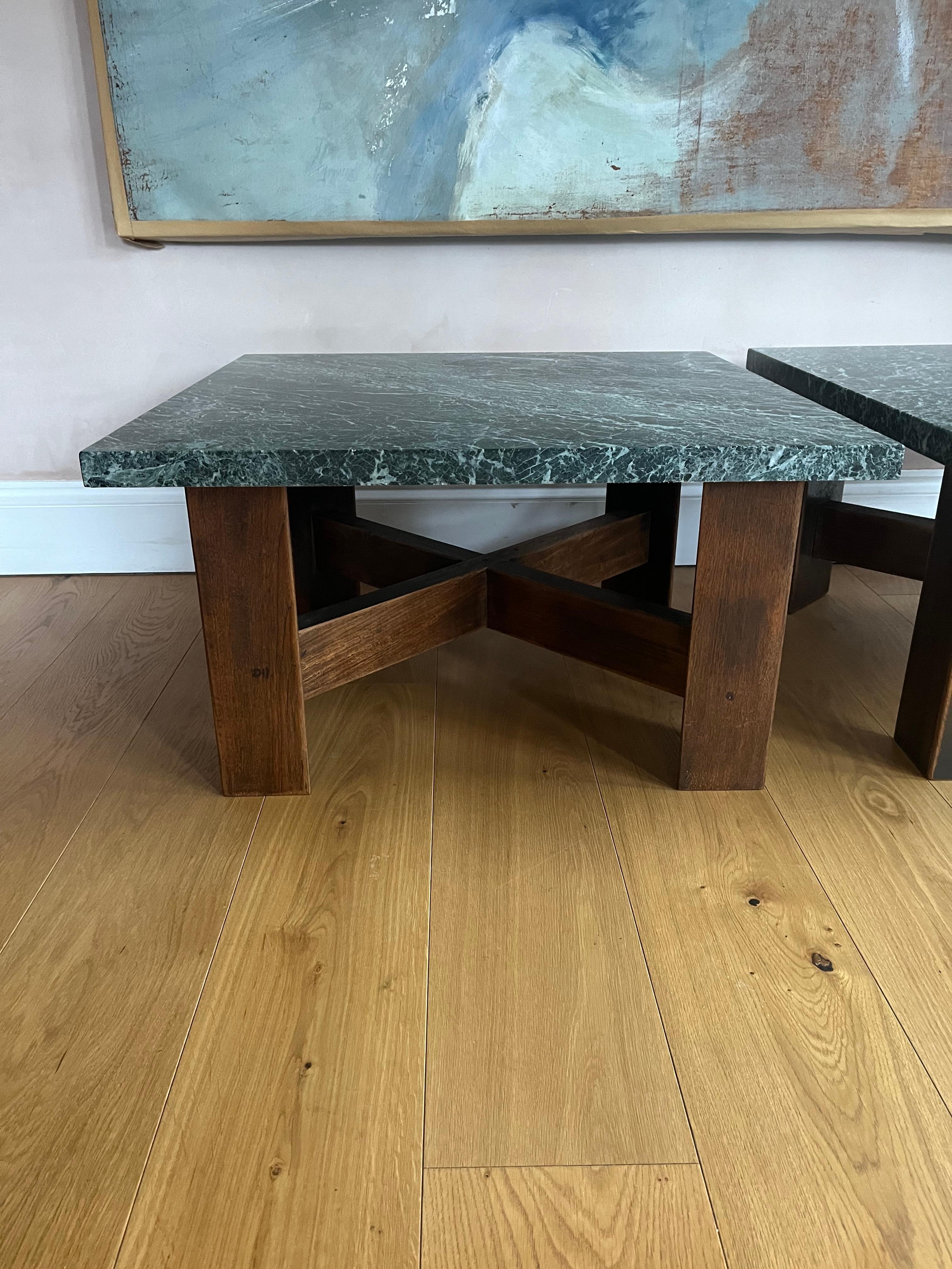 French Pair of 1970’s wood and marble side tables For Sale