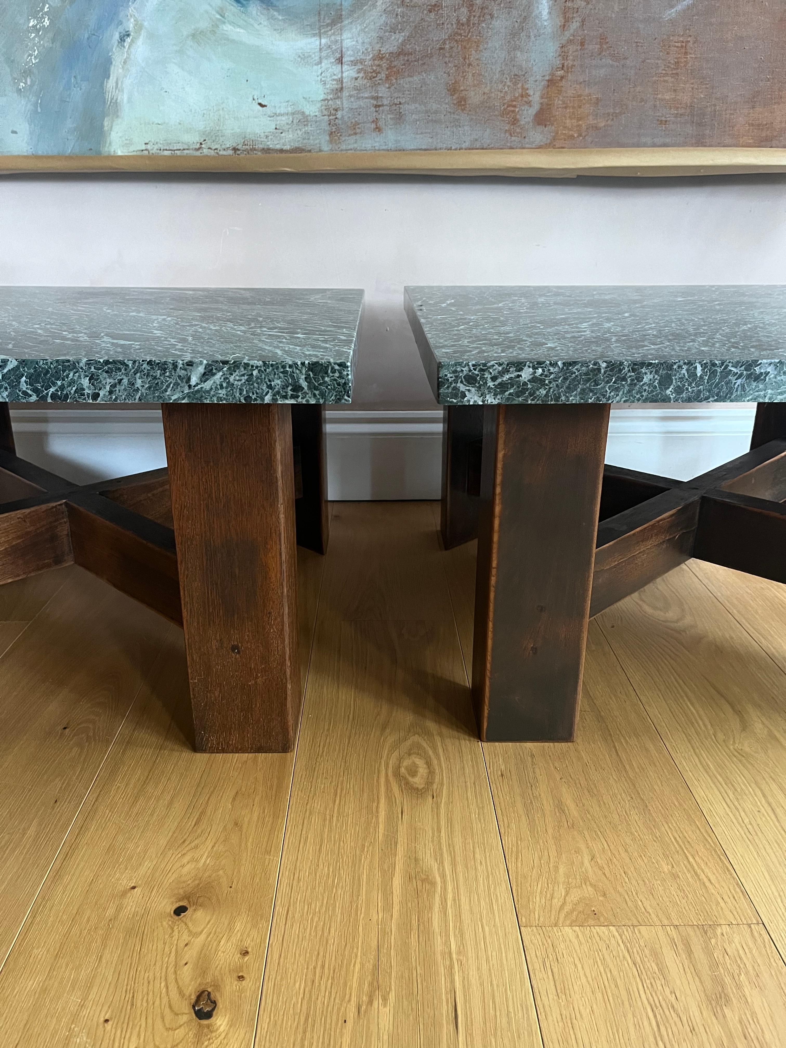 Varnished Pair of 1970’s wood and marble side tables For Sale