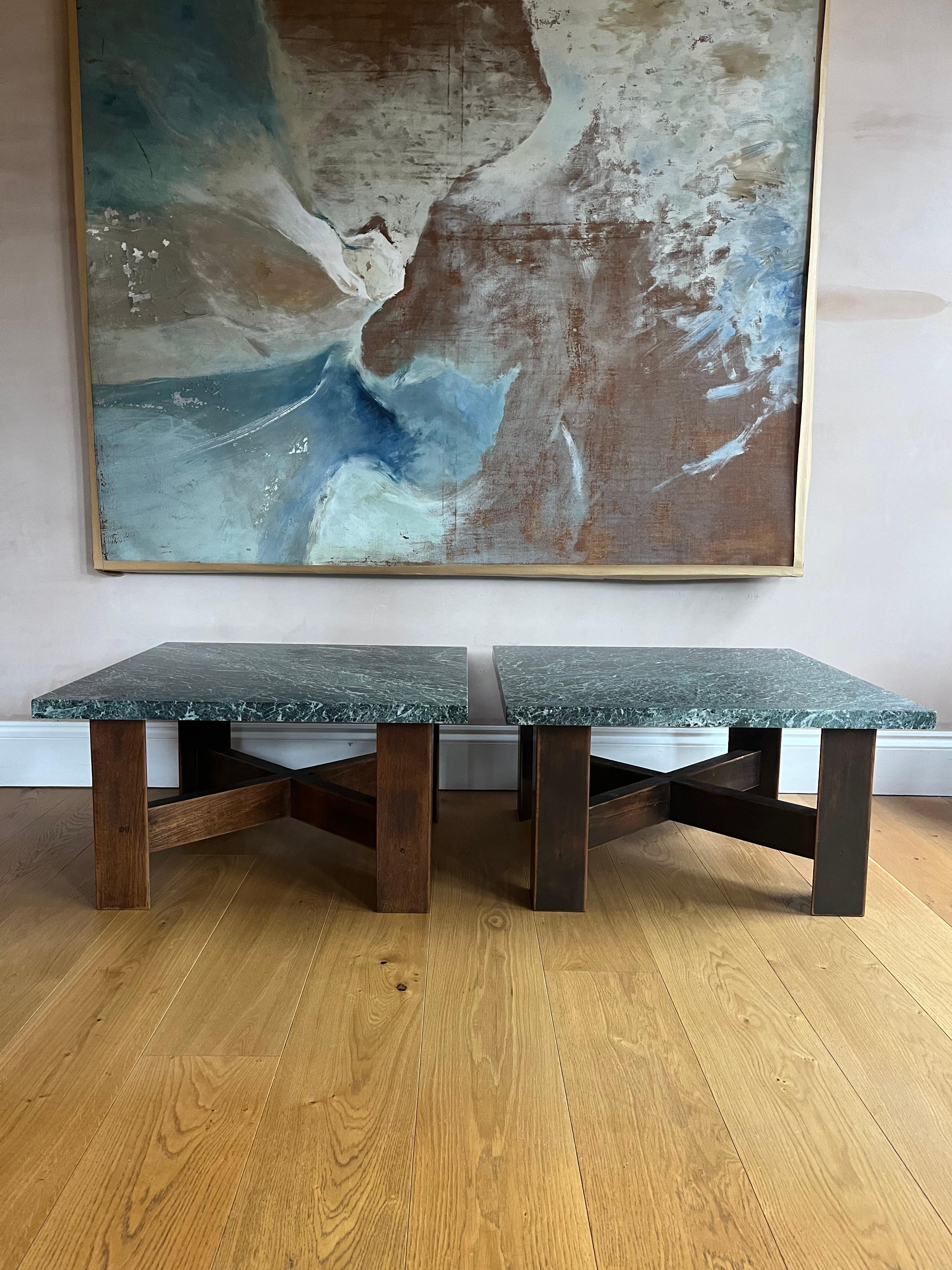 Marble Pair of 1970’s wood and marble side tables For Sale
