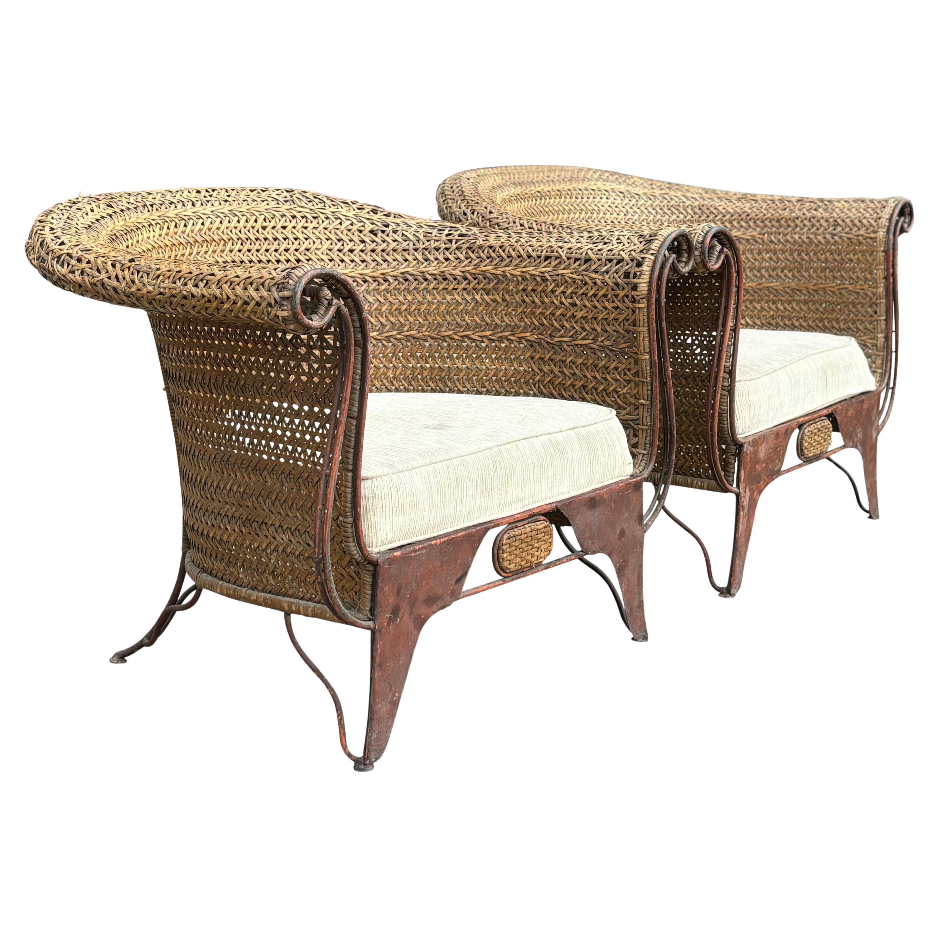 Pair of 1970s Woven Rattan Lounge Armchairs