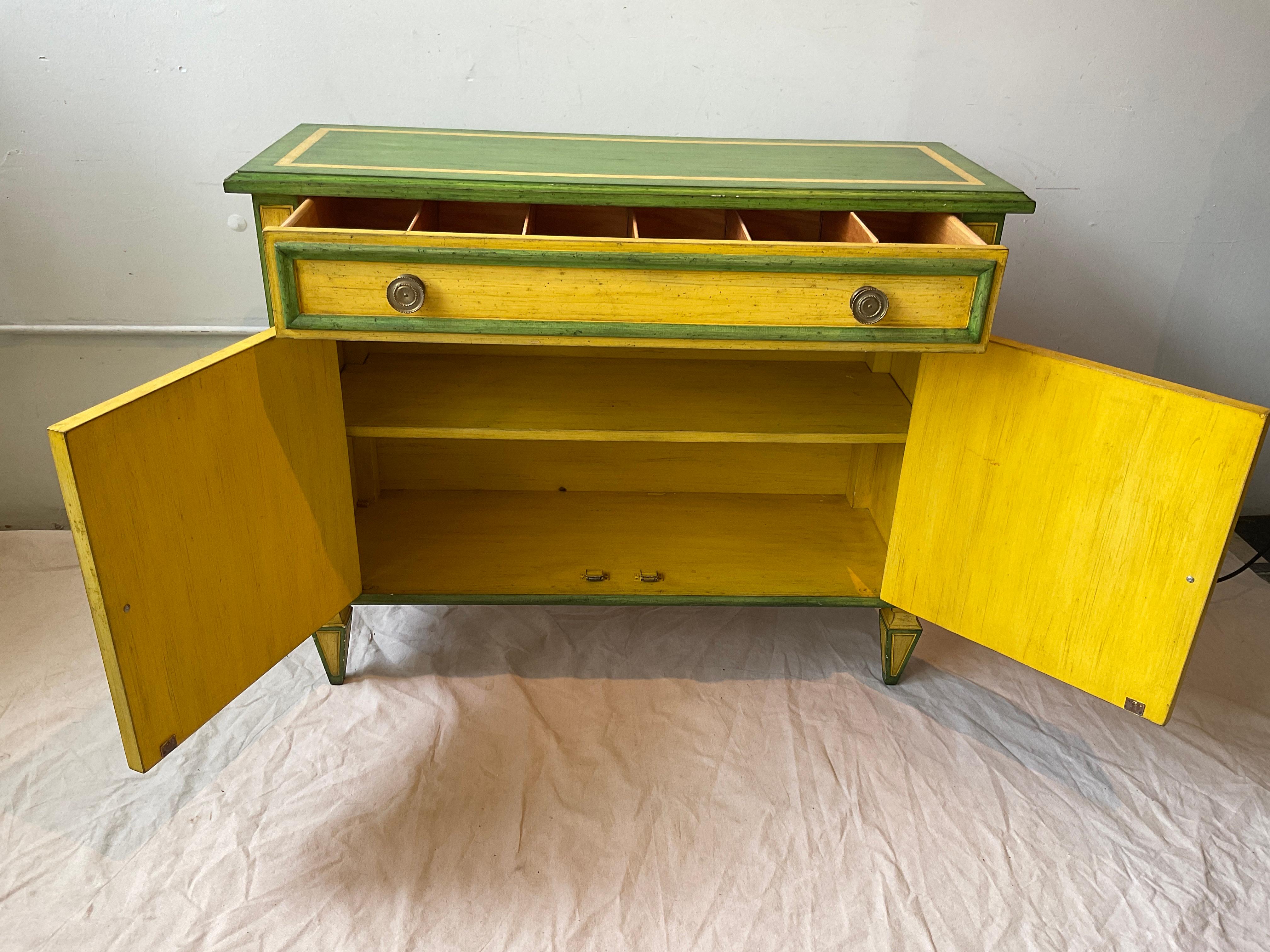 Paire d'armoires/consoles de style Regency des années 1970, jaunes et vertes, fabriquées sur mesure en vente 3