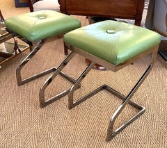 Pair of 1970's Z-Form Stools with Apple Green Leather Upholstery