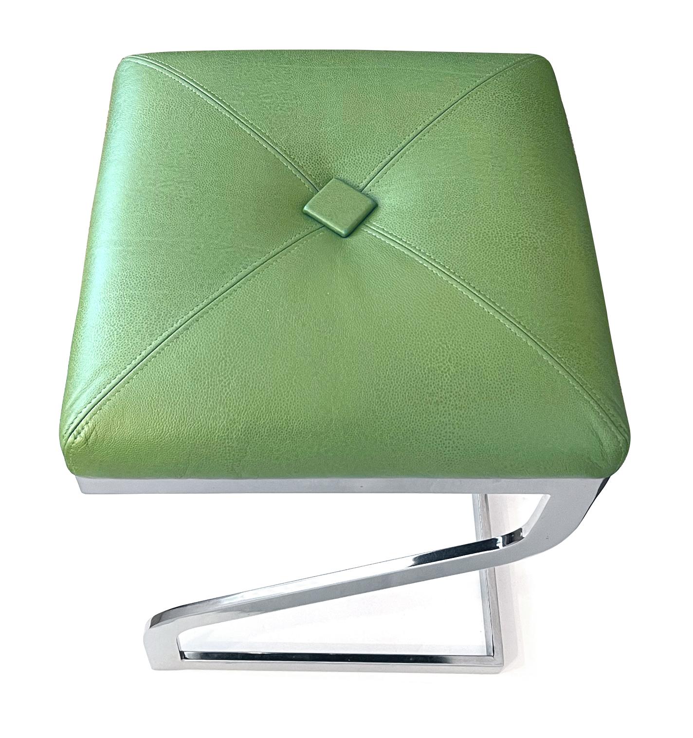 North American Pair of 1970's Z-Form Stools with Apple Green Leather Upholstery For Sale