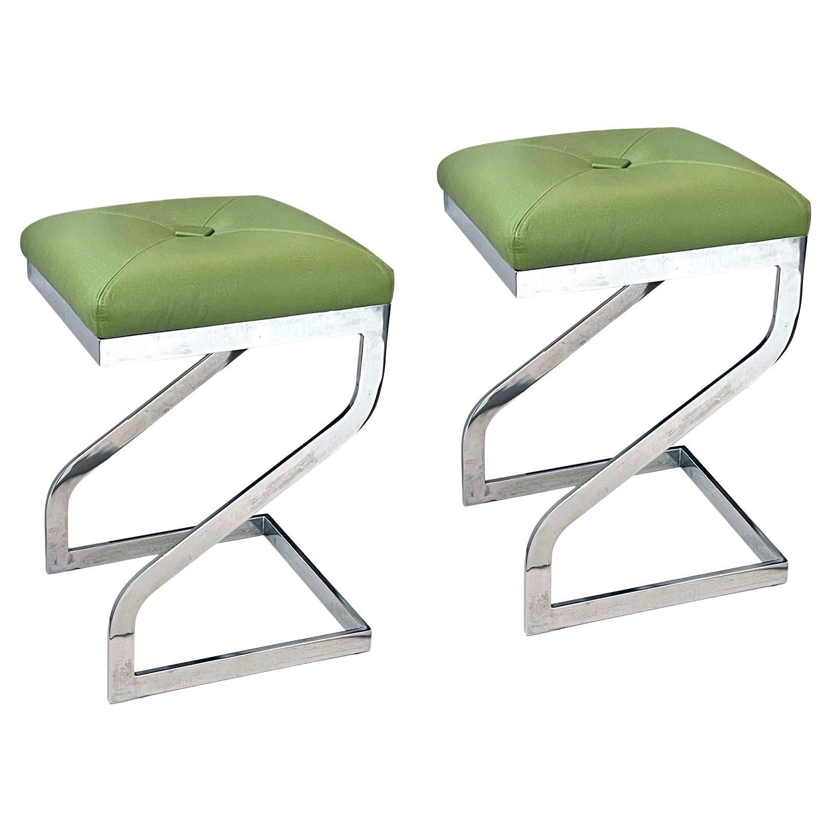 Pair of 1970's Z-Form Stools with Apple Green Leather Upholstery For Sale