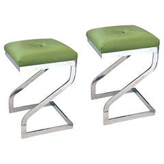 Vintage Pair of 1970's Z-Form Stools with Apple Green Leather Upholstery