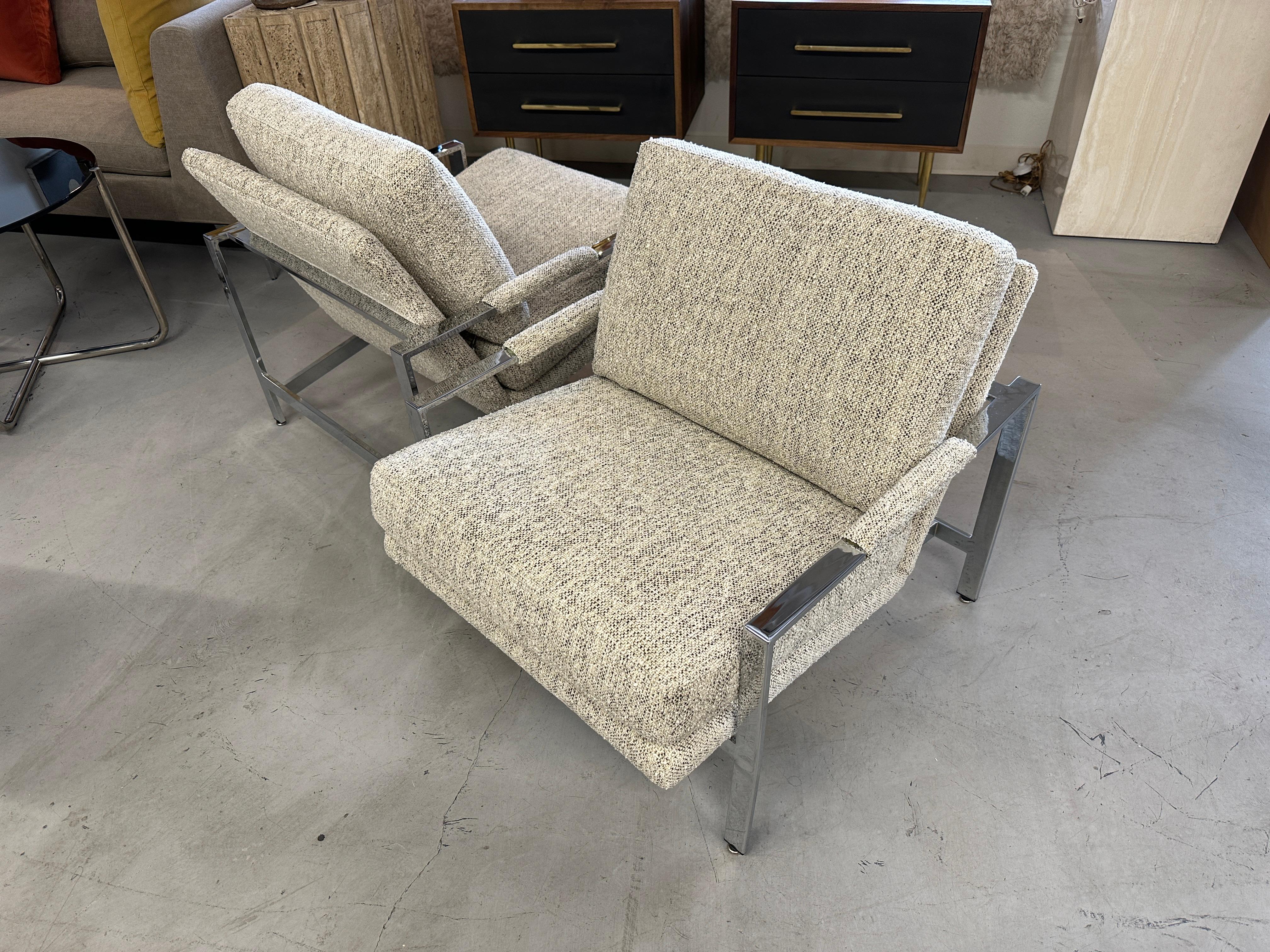 A stunning pair of Milo Baughman for Thayer Coggin from 1976 beautifully reupholstered in an Italian tweed chenille. Cotton/Viscose/Poly blend. The texture and color are wonderful. Our upholsterer saved the original labels and reapplied them to the
