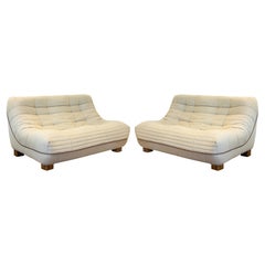 Pair of 1979 Roche Bobois Pantoufle Beige Fabric Slipper Sofa Lounge Chairs