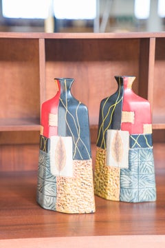 Pair of 1980s-90s Terracotta Vases - Geometric and Textured Design