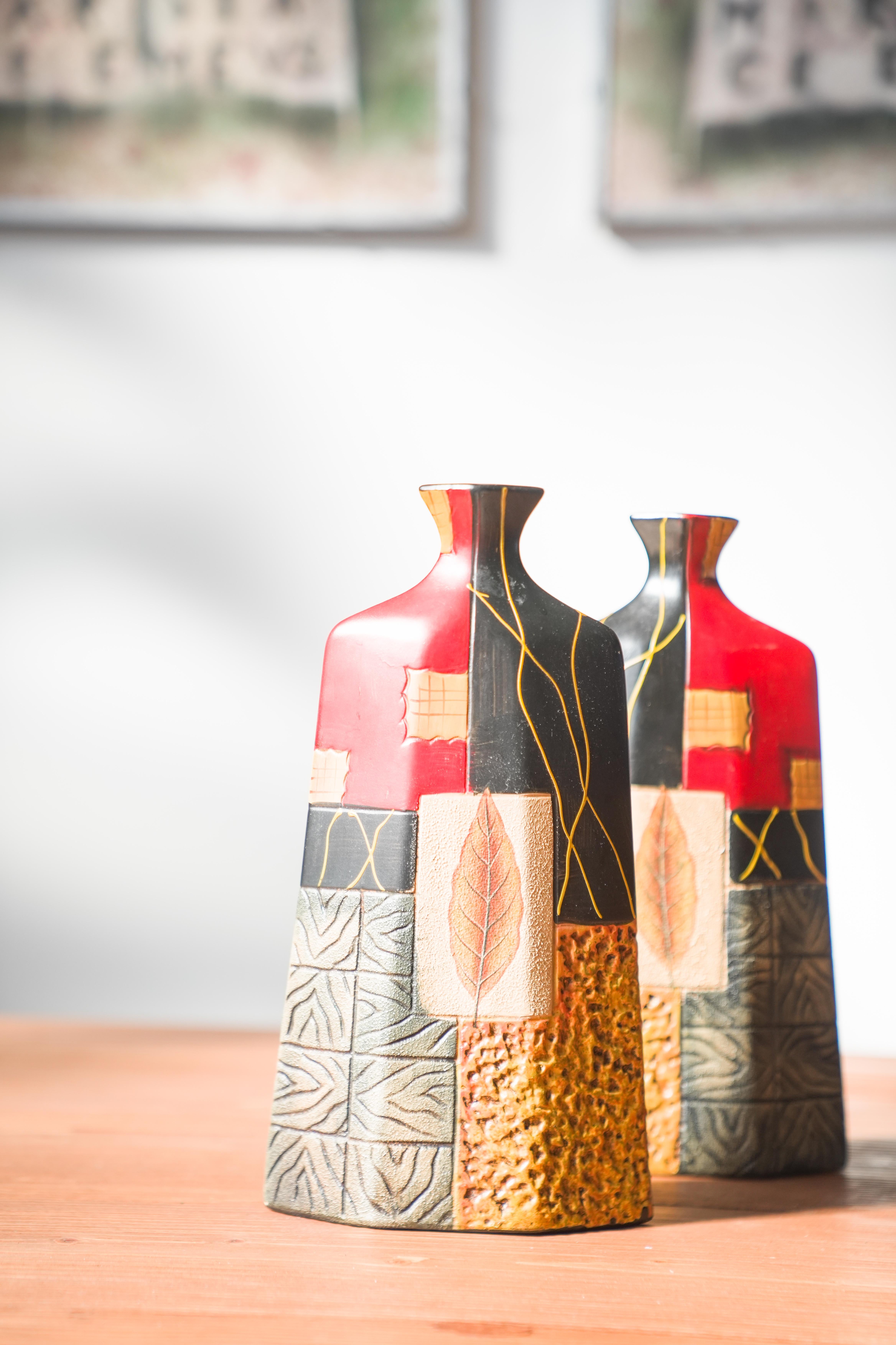 Late 20th Century Pair of 1980s-90s Terracotta Vases - Geometric and Textured Design For Sale