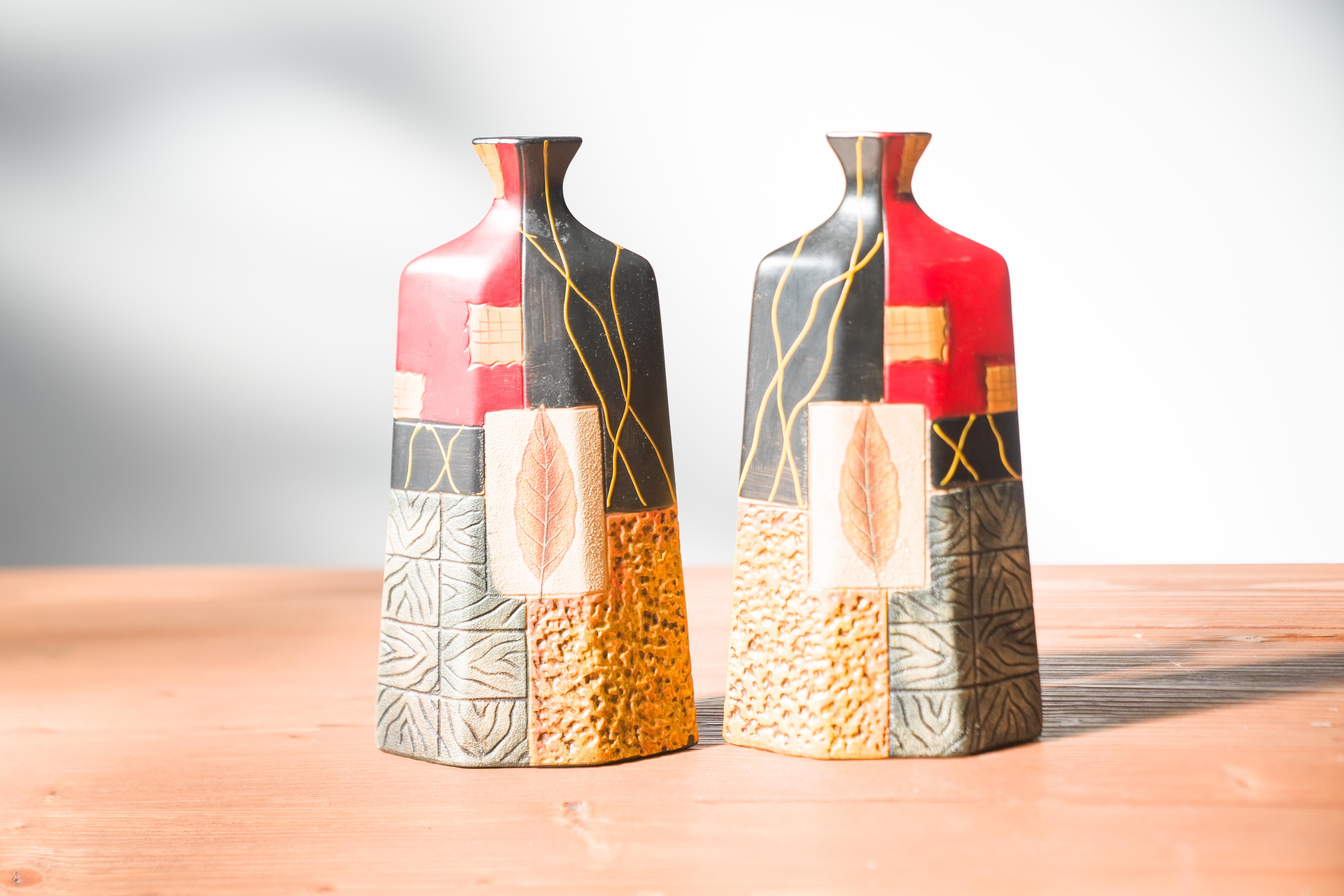 Pottery Pair of 1980s-90s Terracotta Vases - Geometric and Textured Design For Sale