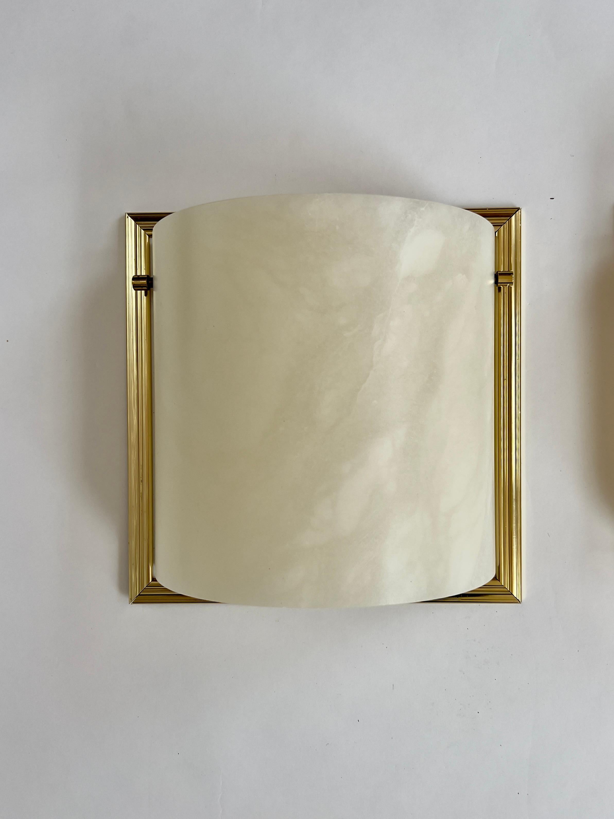 Post-Modern Pair of 1980s Demilune Alabaster and Brass Sconces by Lightolier