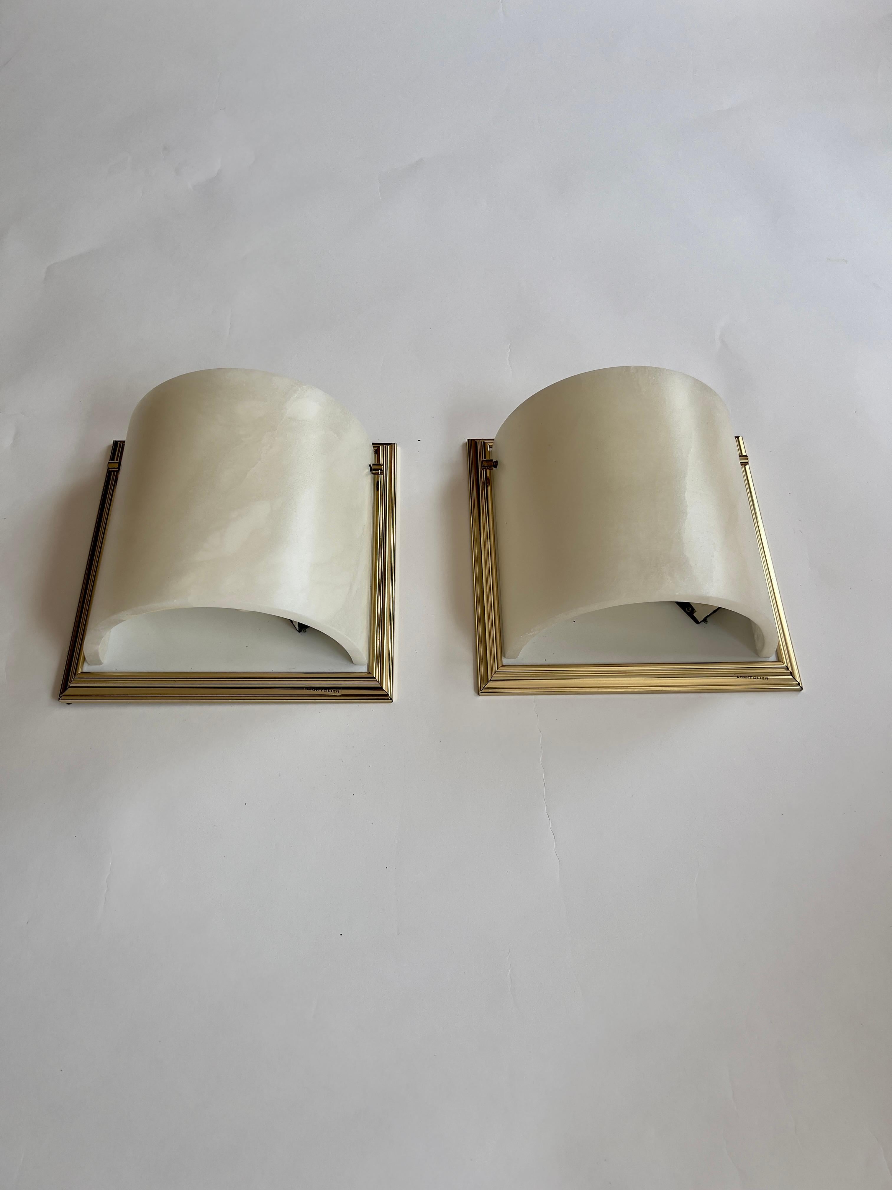 Pair of 1980s Demilune Alabaster and Brass Sconces by Lightolier 3