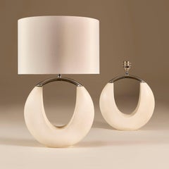 1980s Vintage Cream Stone and Chrome 'Handbag' Table Lamps, Pair