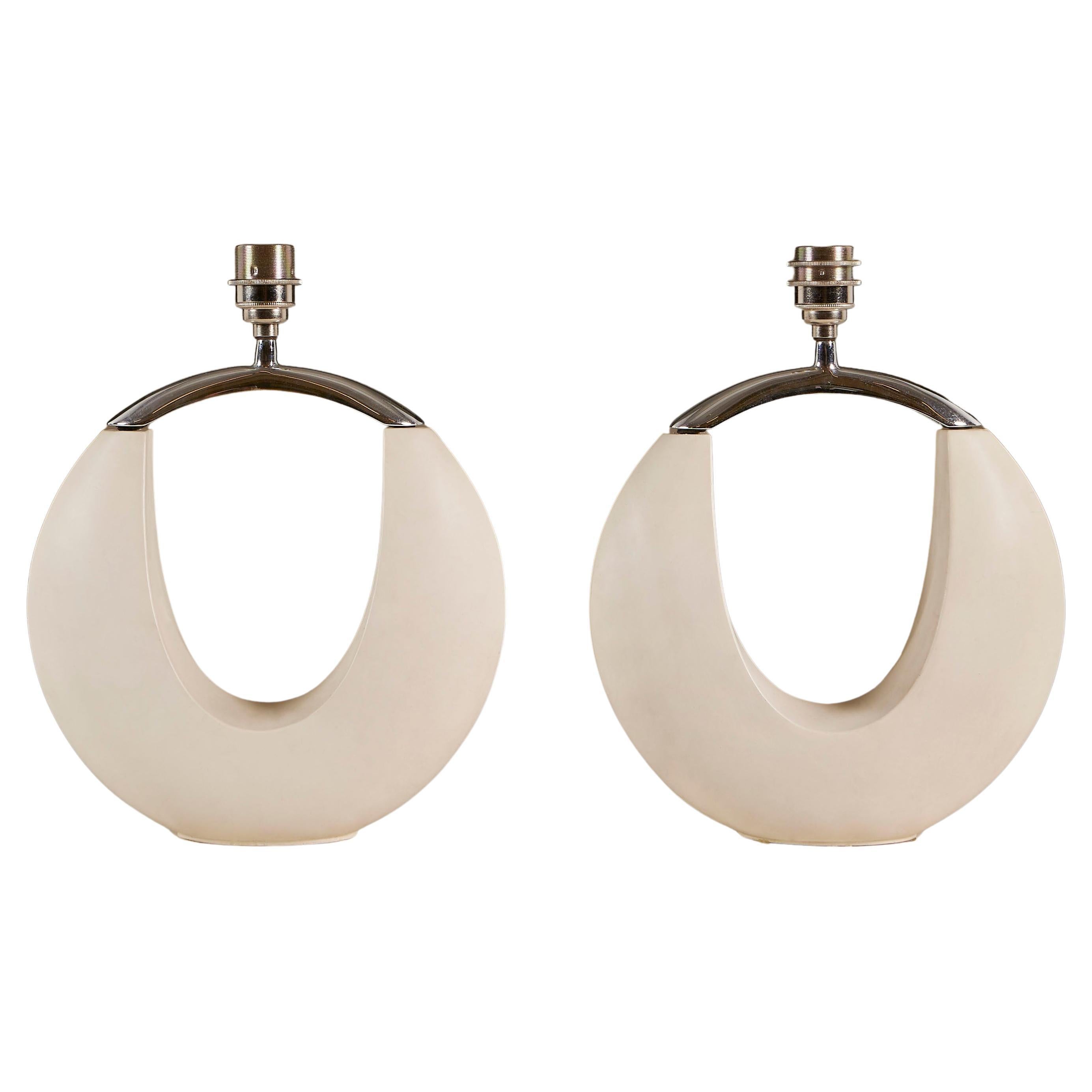 Vintage carved stone and chrome sculpted 'handbag' lamps, pair, 1980s For Sale
