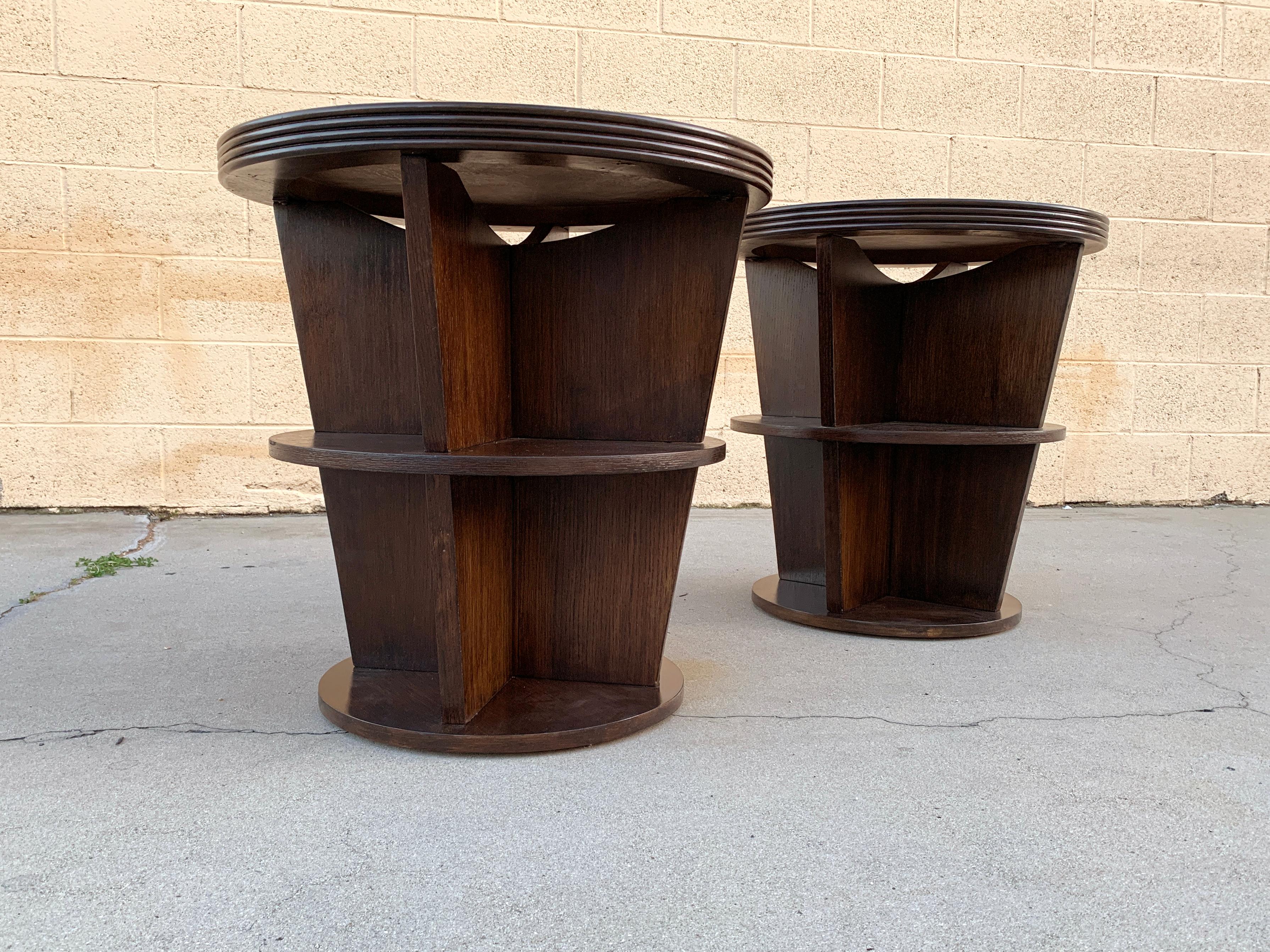 Pair of vintage three-level end tables refinished in a rich espresso stain with clear lacquer. Vintage with Art Deco flair, 1980s.

Well-made and in good condition. Some losses on vertical edges. 

Dimensions: 24