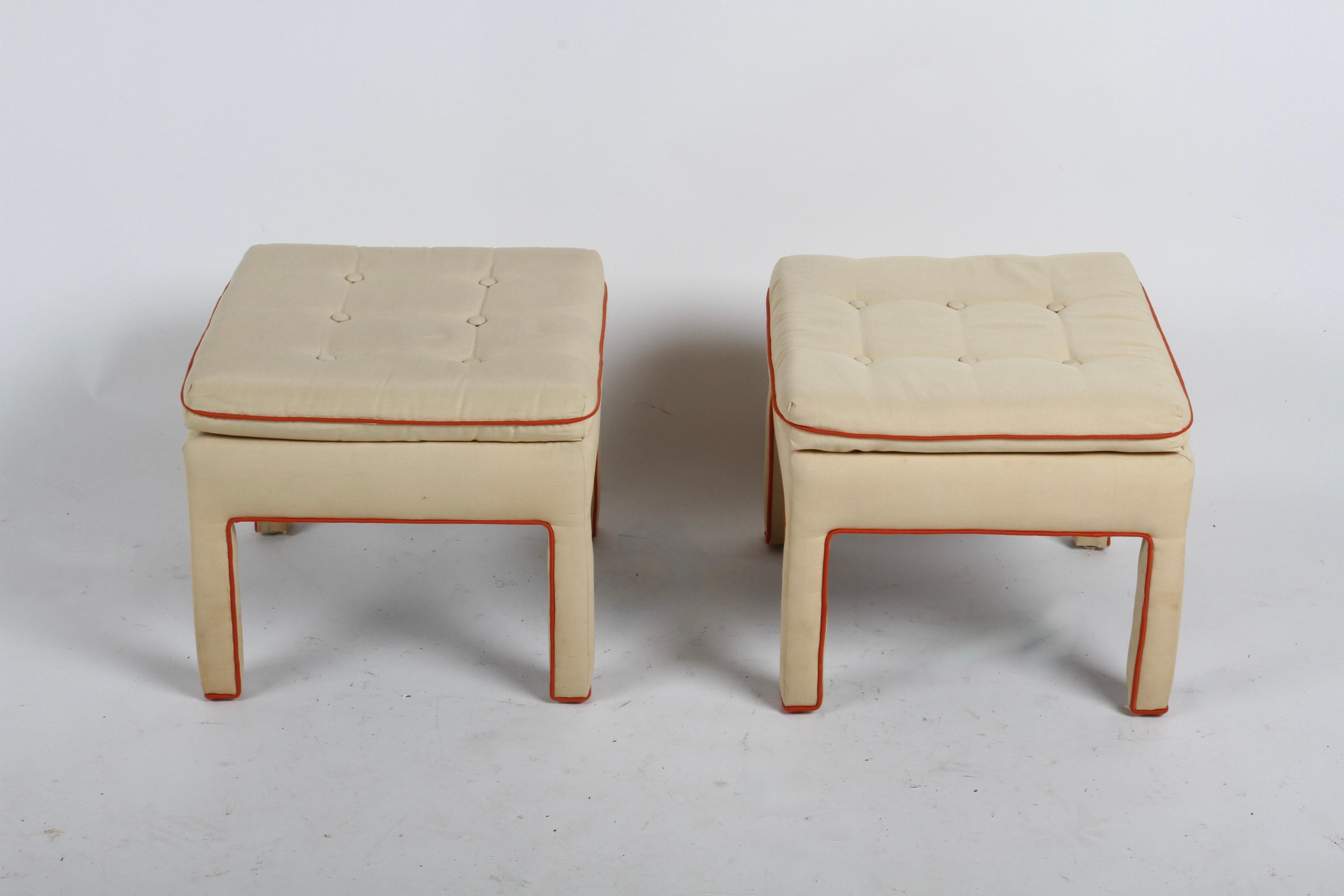 American Pair of 1980s Billy Baldwin Style Pillow Top Tufted Fully Upholstered Ottomans For Sale