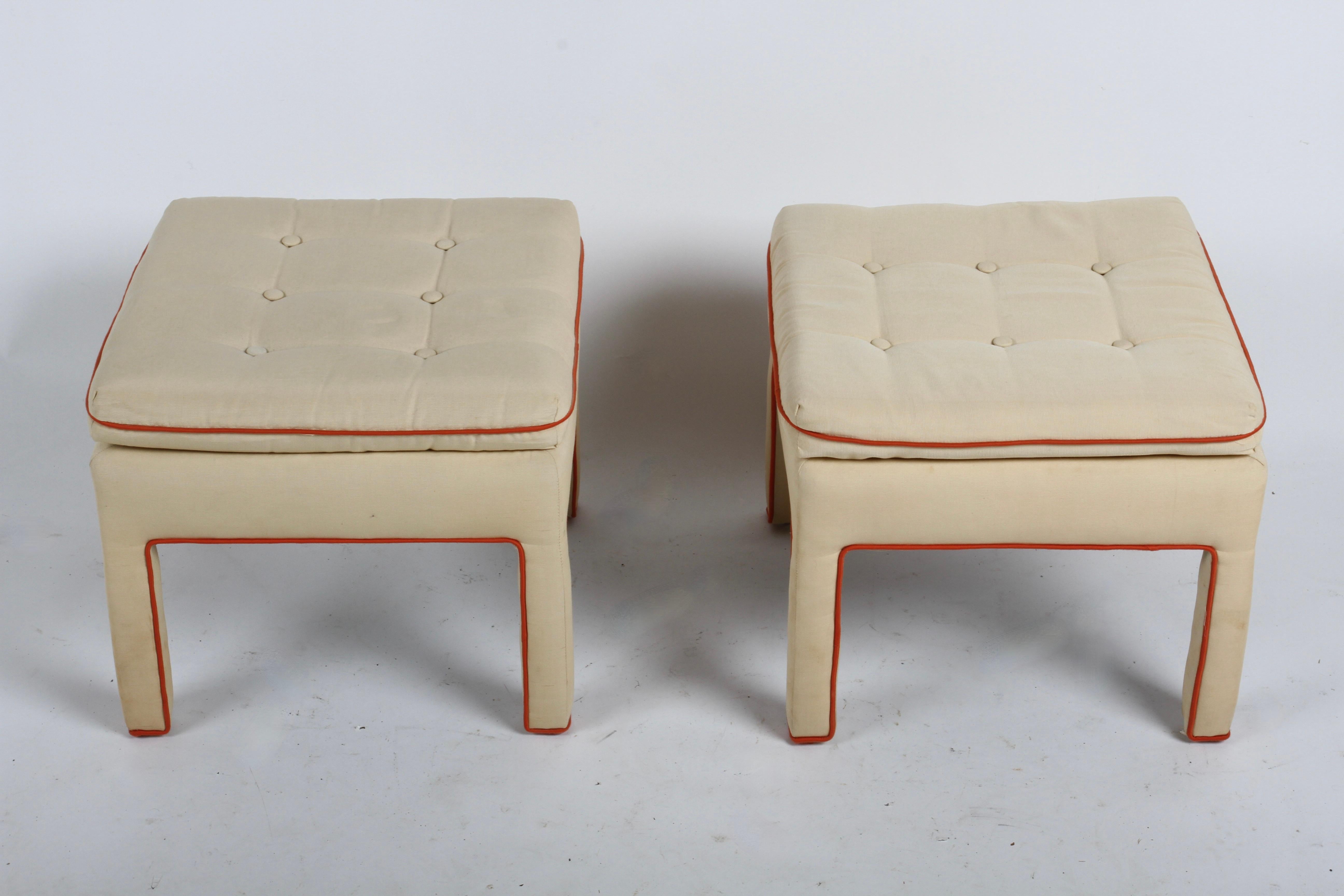 American Pair of 1980s Billy Baldwin Style Pillow Top Tufted Fully Upholstered Ottomans