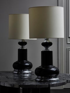 Pair of 1980s Black Table Lamps with Metallic Accents