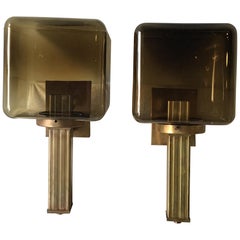 Vintage Pair of 1980s Brass and Squared Amber Glass Outdoor / Indoor Sconces