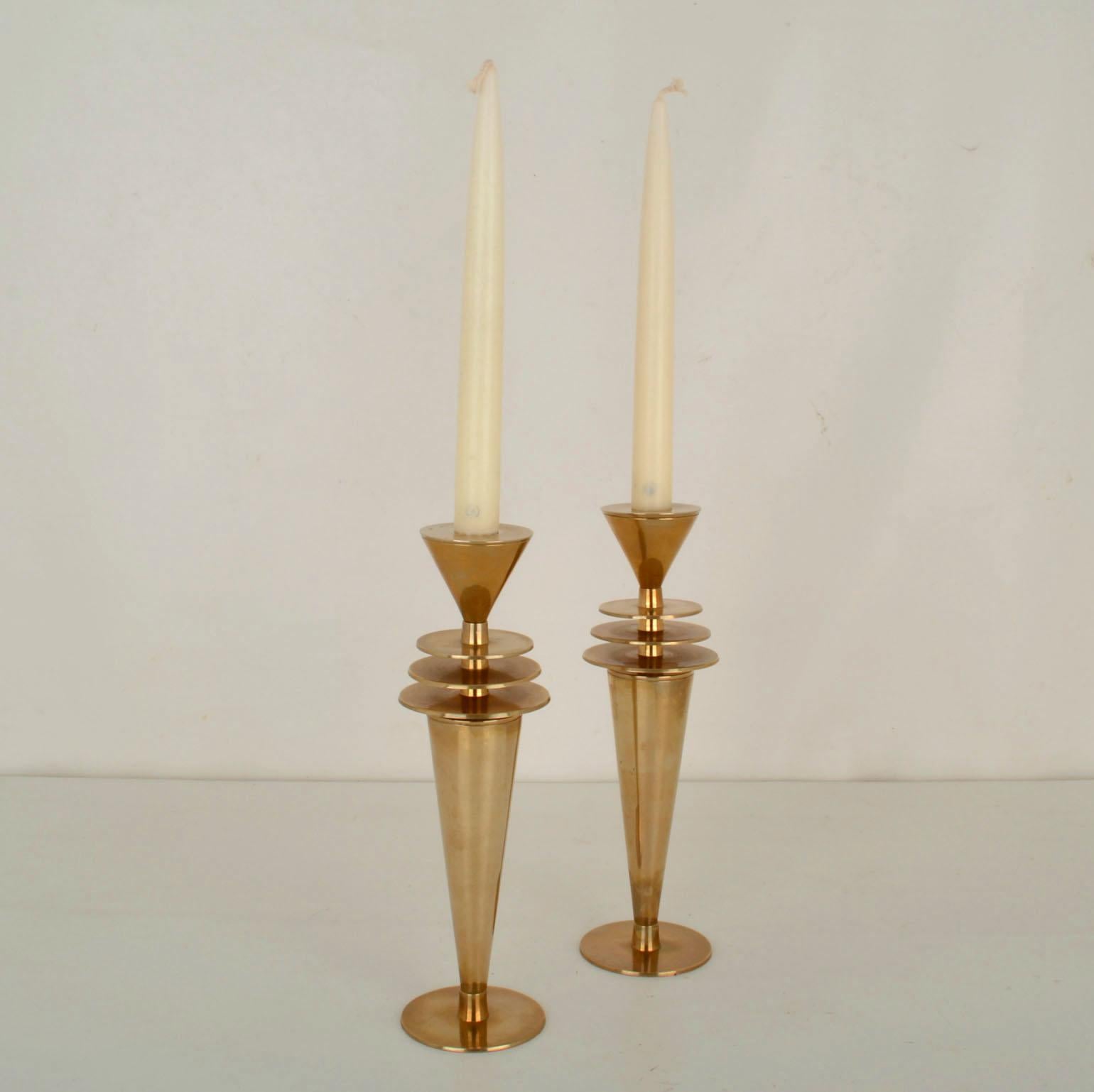Late 20th Century Pair of Art Deco Style Brass Candle Holders