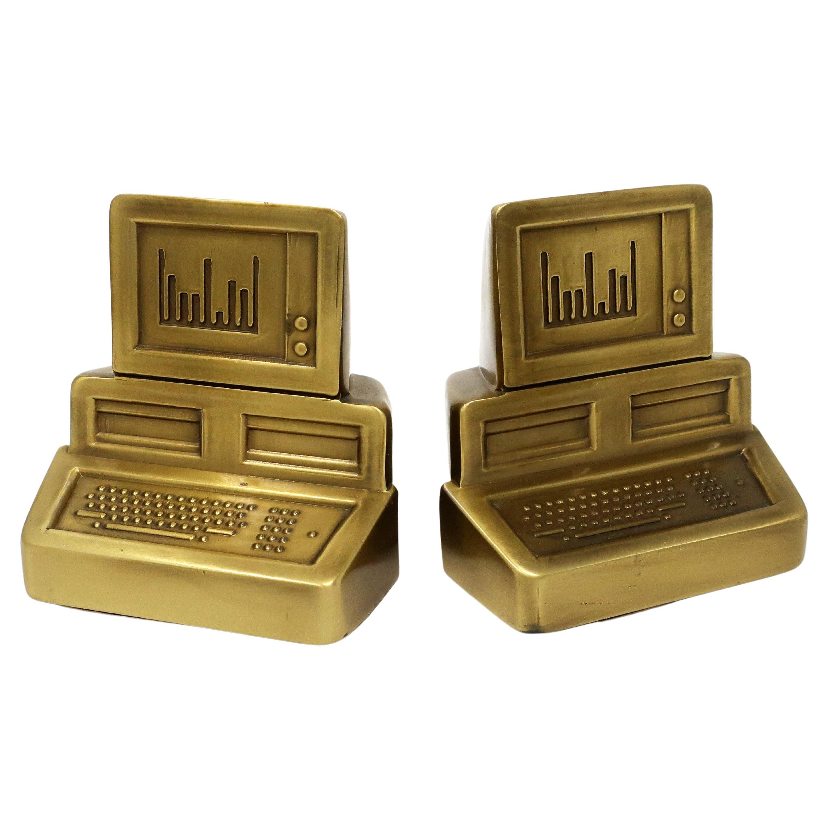 Pair of 1980s Brass Computer Bookends
