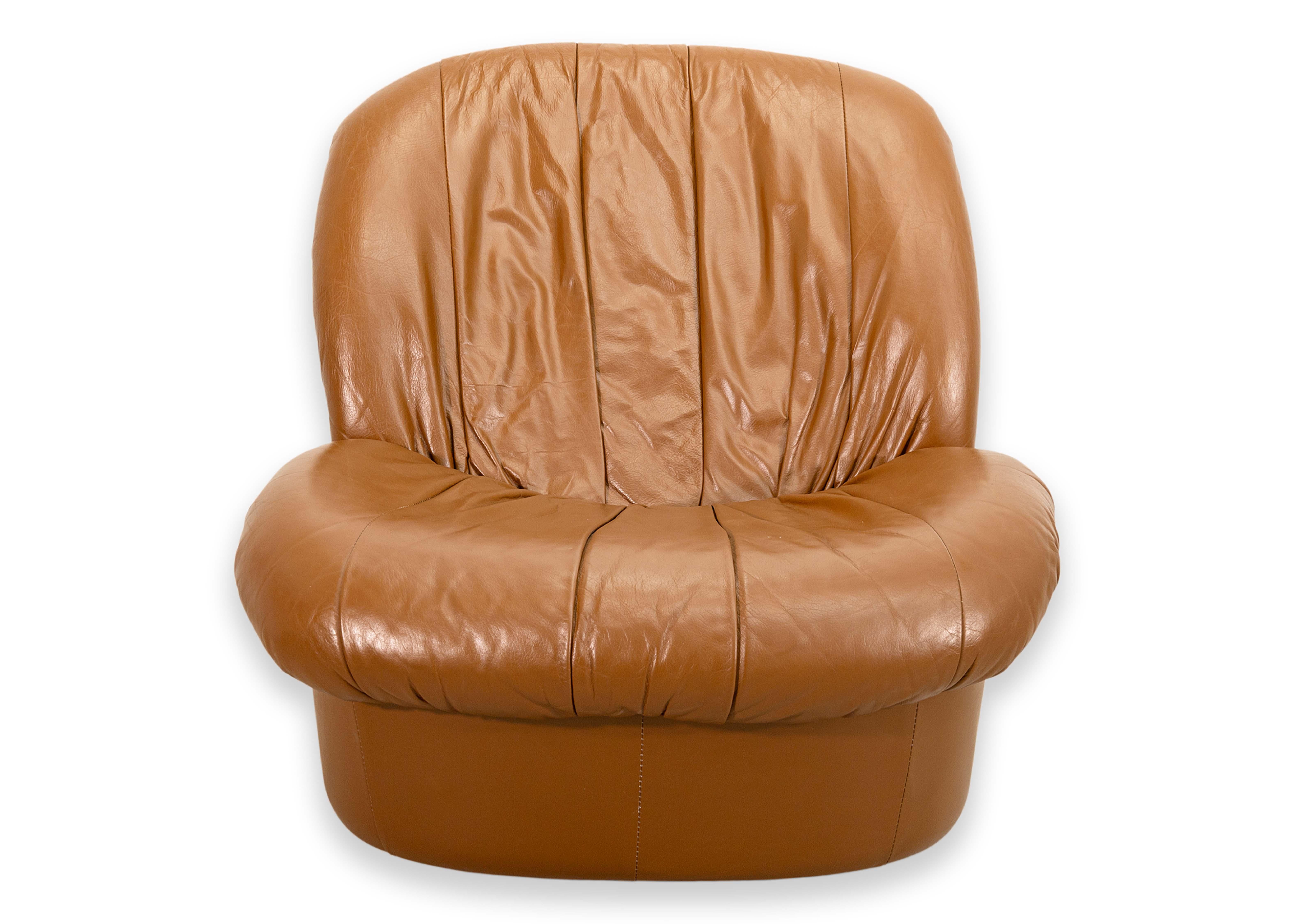 Pair of 1980s Brown Leather Swivel Glider Postmodern Lounge Chairs For Sale 4