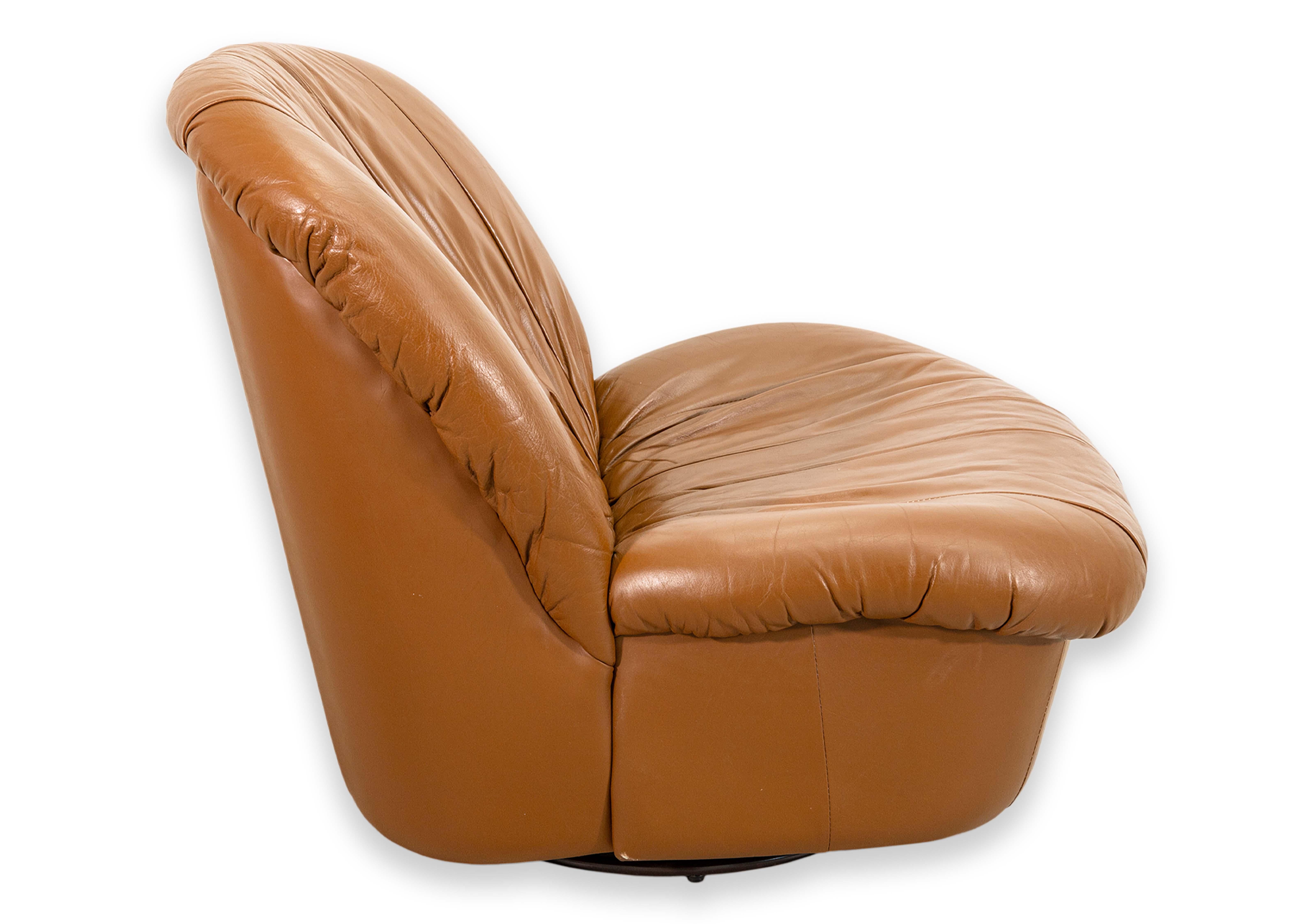 Pair of 1980s Brown Leather Swivel Glider Postmodern Lounge Chairs For Sale 5