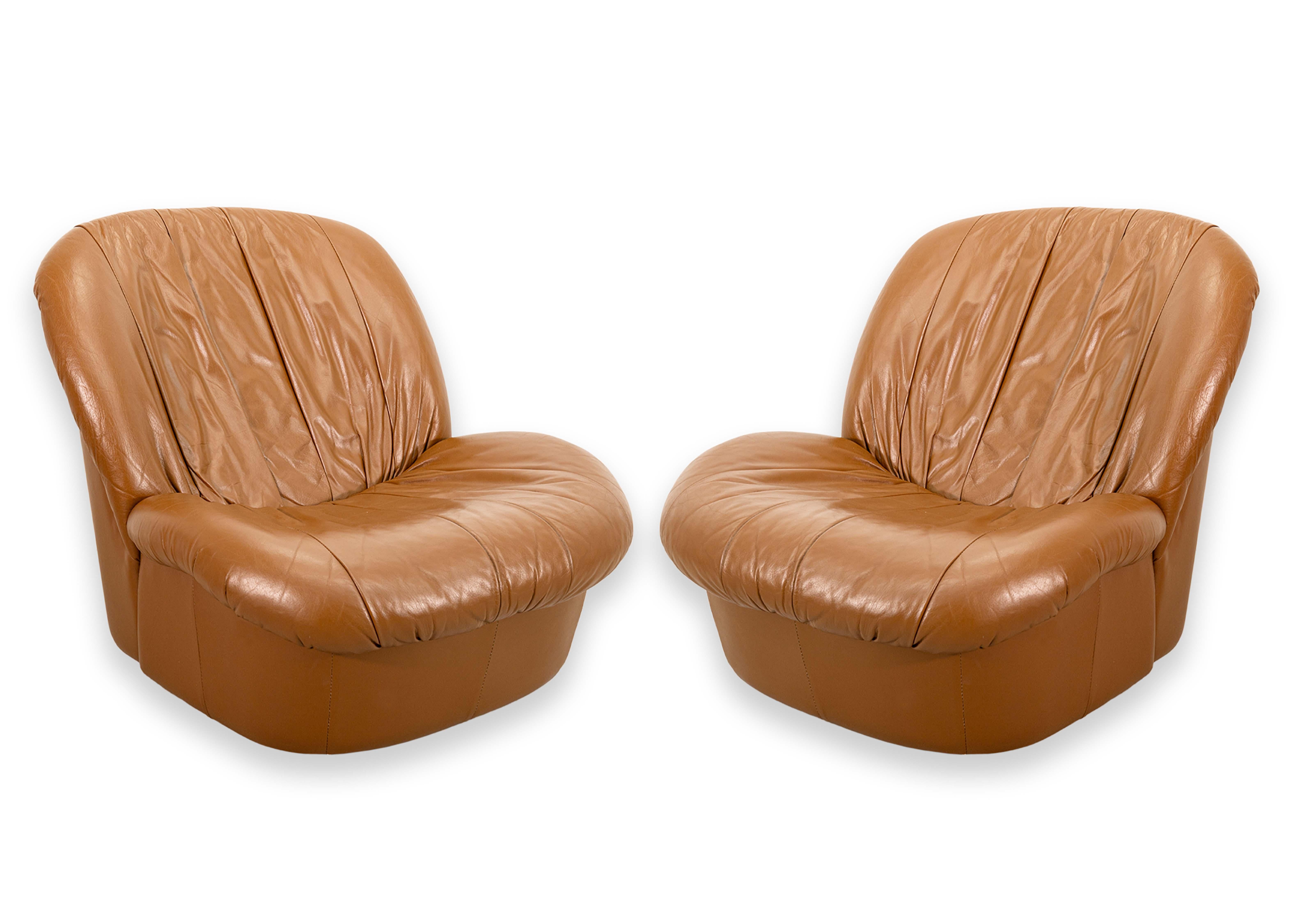 Pair of 1980s Brown Leather Swivel Glider Postmodern Lounge Chairs For Sale 3
