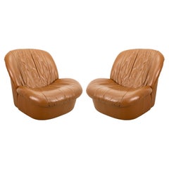 Pair of 1980s Brown Leather Swivel Glider Postmodern Lounge Chairs
