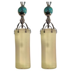 Pair of 1980s Brutalist Hand Blowed Glass Metal Chandelier
