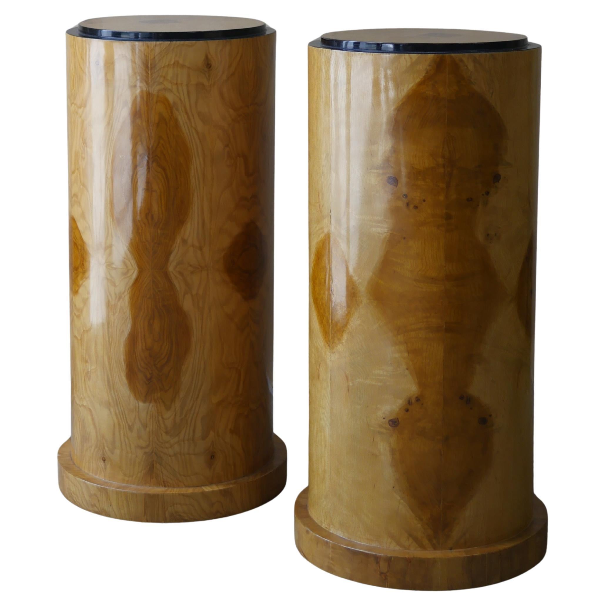 Pair of 1980s Burlwood Cylindrical Pedestals with Black Lacquer Tops For Sale