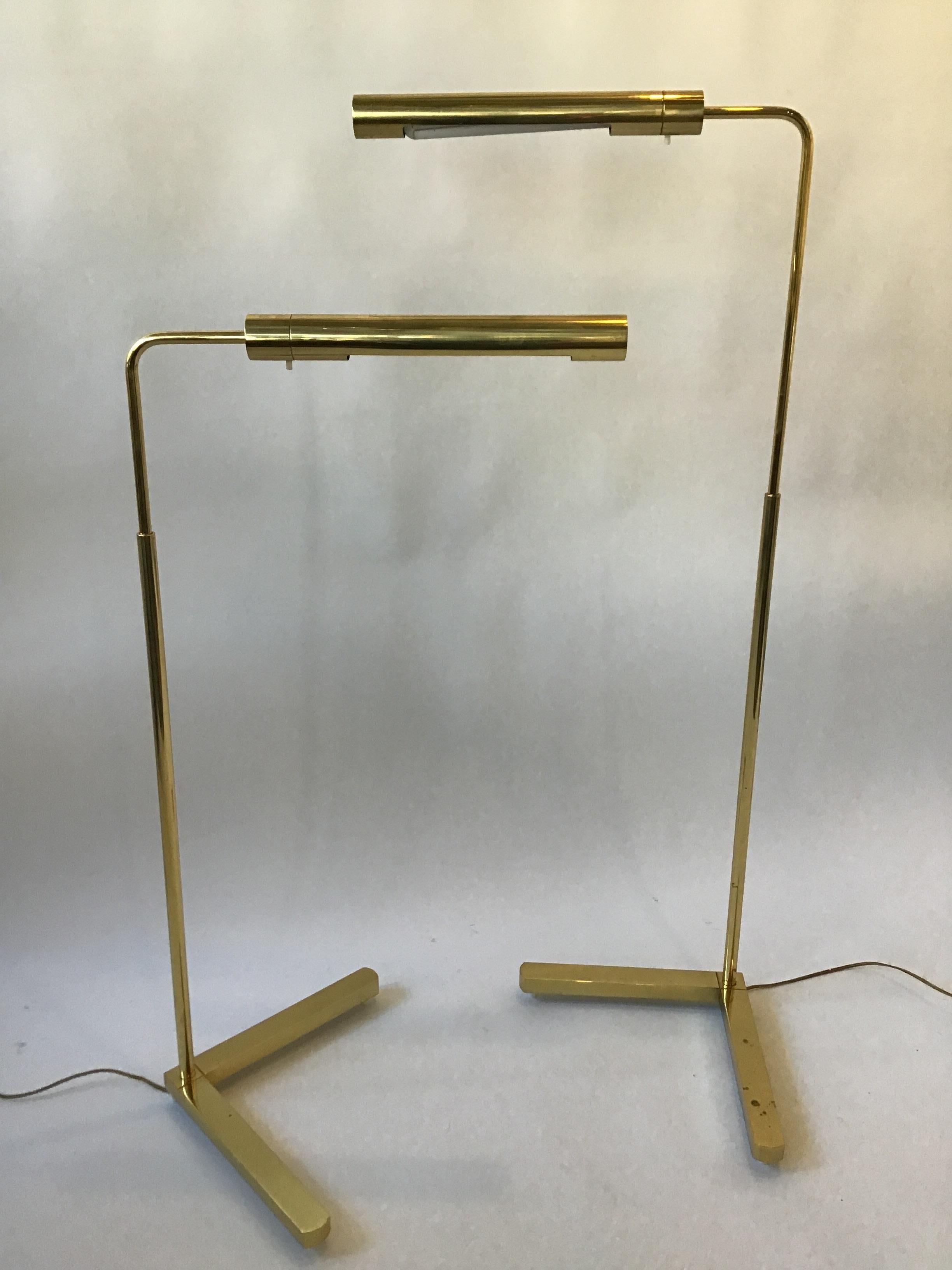 Pair of 1980s Casella brass pharmacy floor lamps. Adjustable.