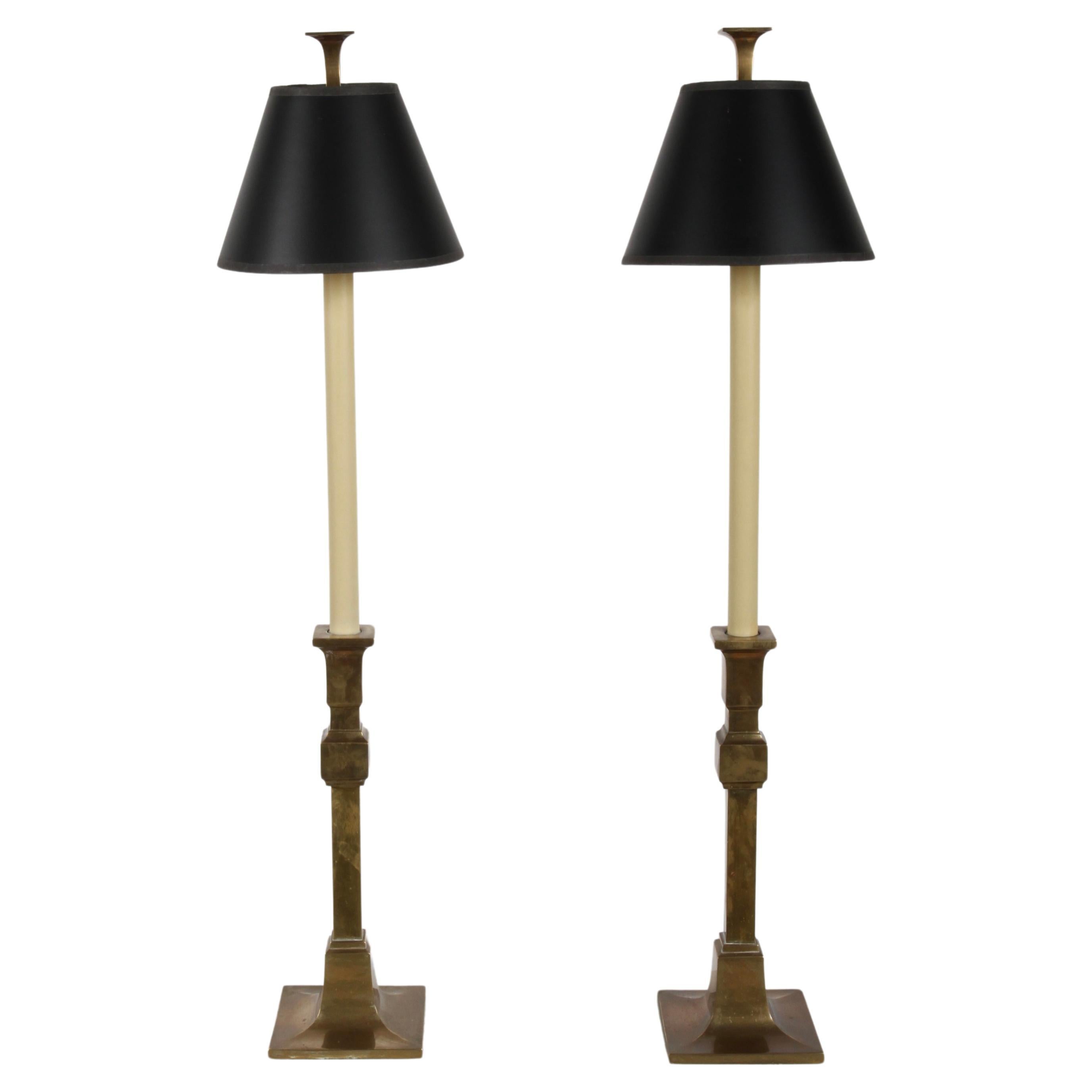 Pair of 1980s Chapman Lamp Co. Tall Brass Candlestick Table Lamps - Black Shades