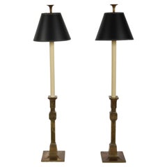 Vintage Pair of 1980s Chapman Lamp Co. Tall Brass Candlestick Table Lamps - Black Shades