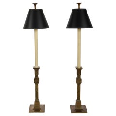 Pair of 1980s Chapman Lamp Co. Tall Brass Candlestick Table Lamps - Black Shades