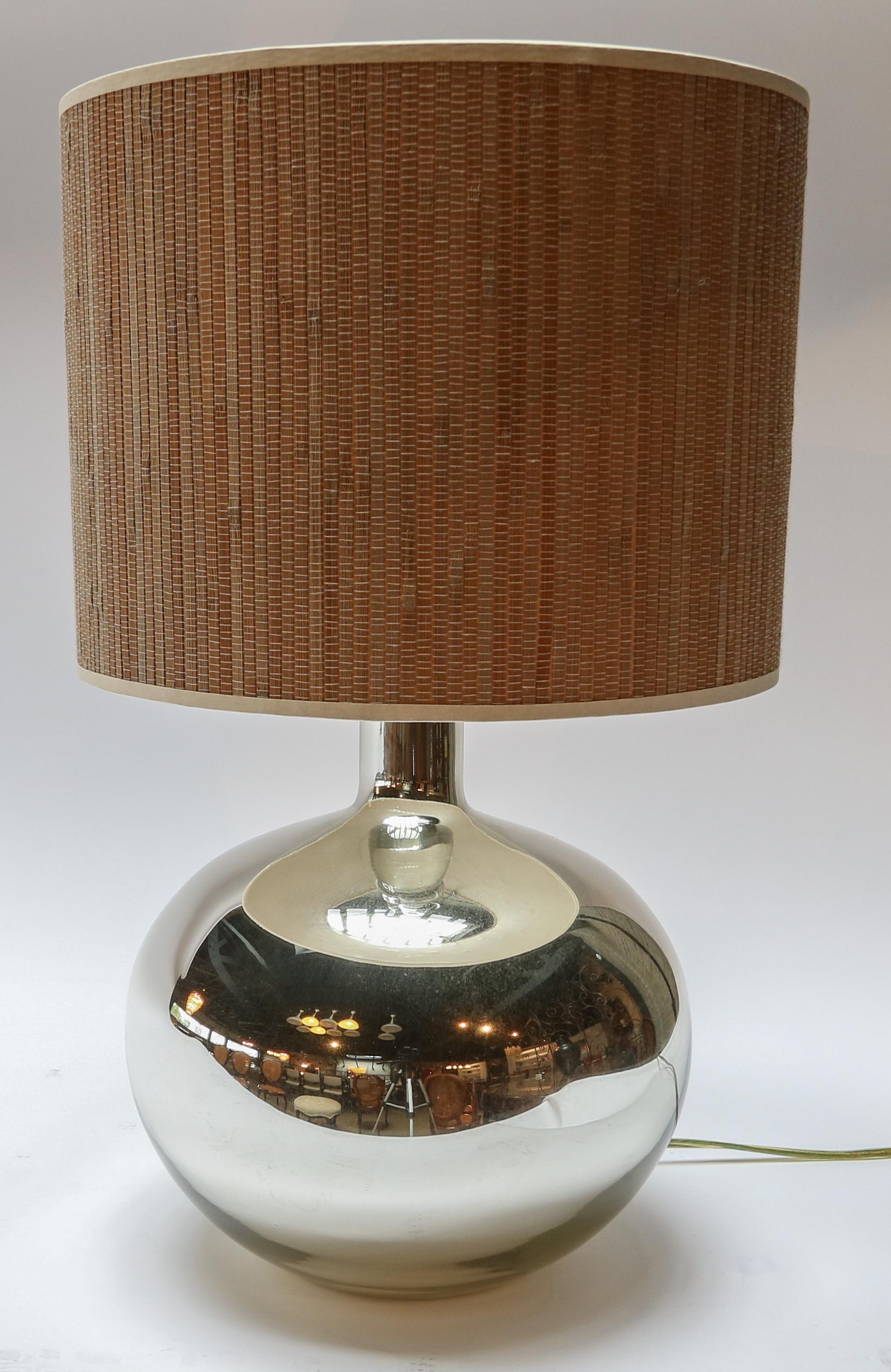 Pair of 1980s chrome table lamps with bamboo shade.