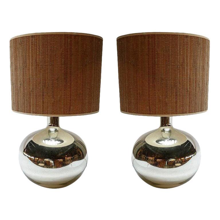 Pair of 1980s Chrome Table Lamps with Bamboo Shades