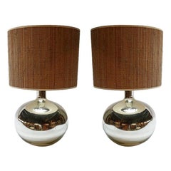 Pair of 1980s Chrome Table Lamps with Bamboo Shades