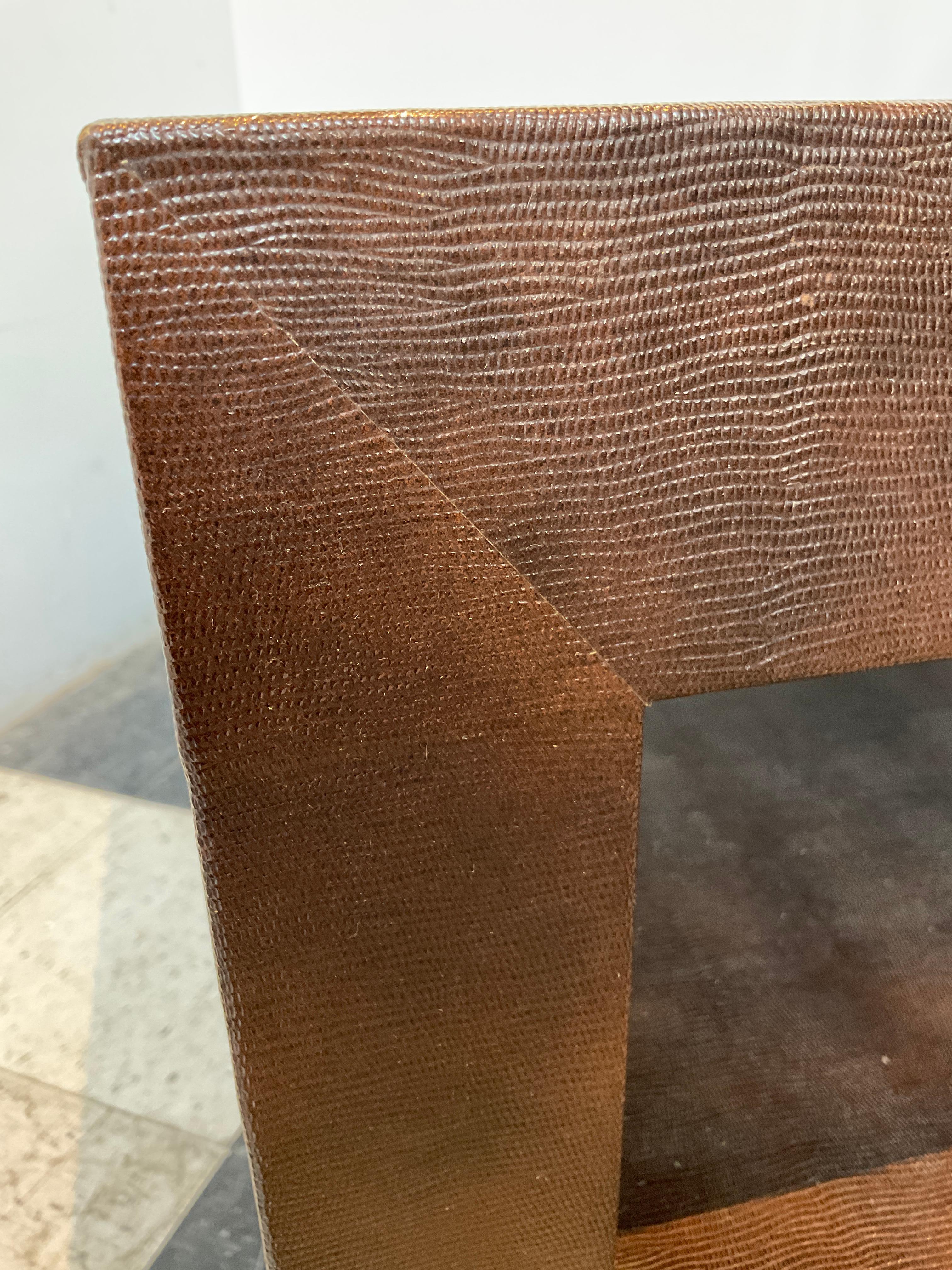 Pair Of 1980s Custom Made Brown  2 Tier Faux Snake Skin Parsons Side Tables For Sale 5