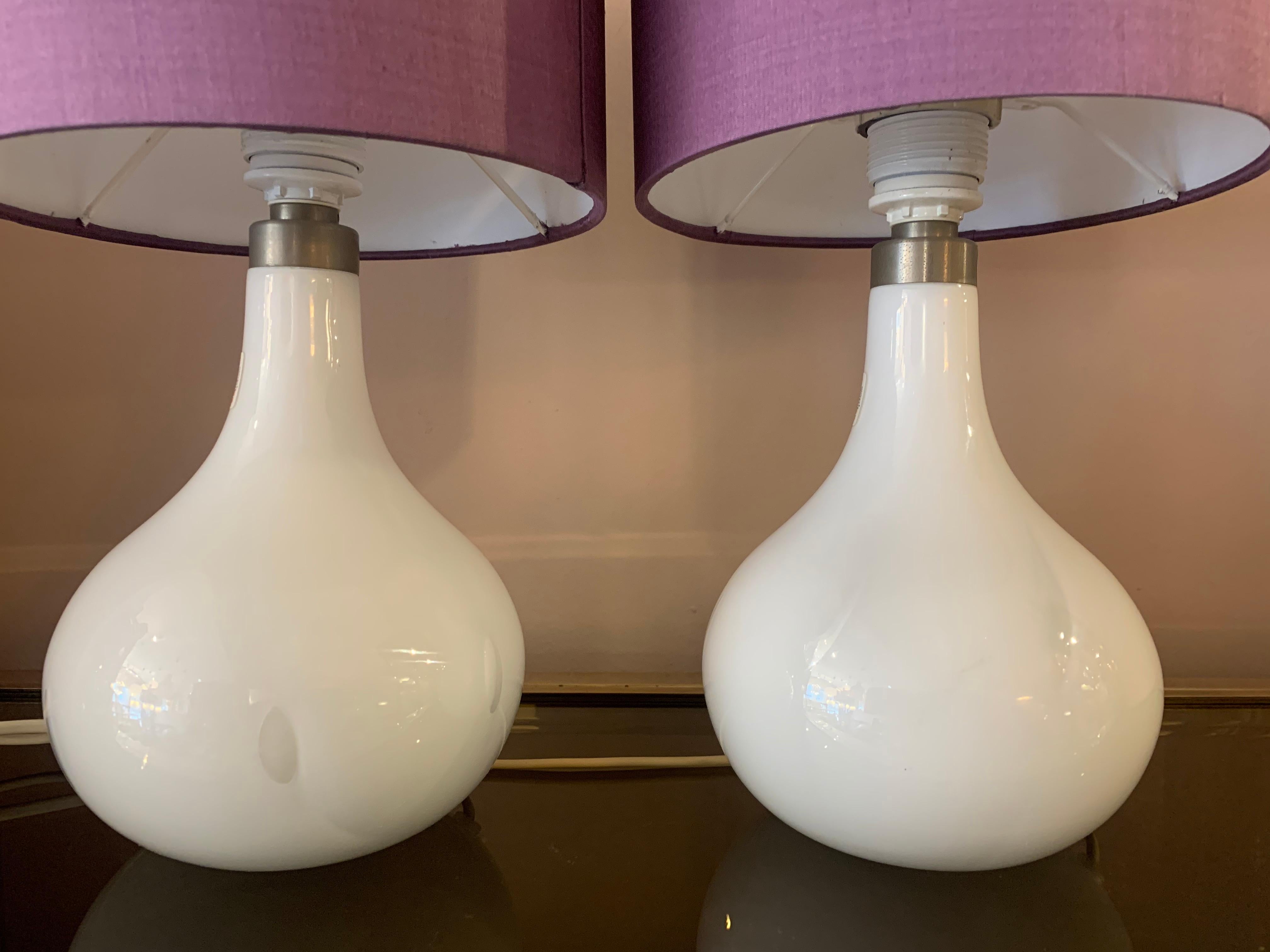 Blown Glass Pair of 1980s Danish Milky White 'Helios' Holmegaard Encased Glass Table Lamps