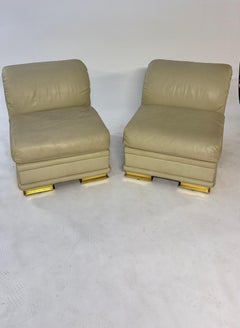 Pair of 1980s Deco Revival Henredon Leather Slipper / Lounge Chairs - Brass Feet