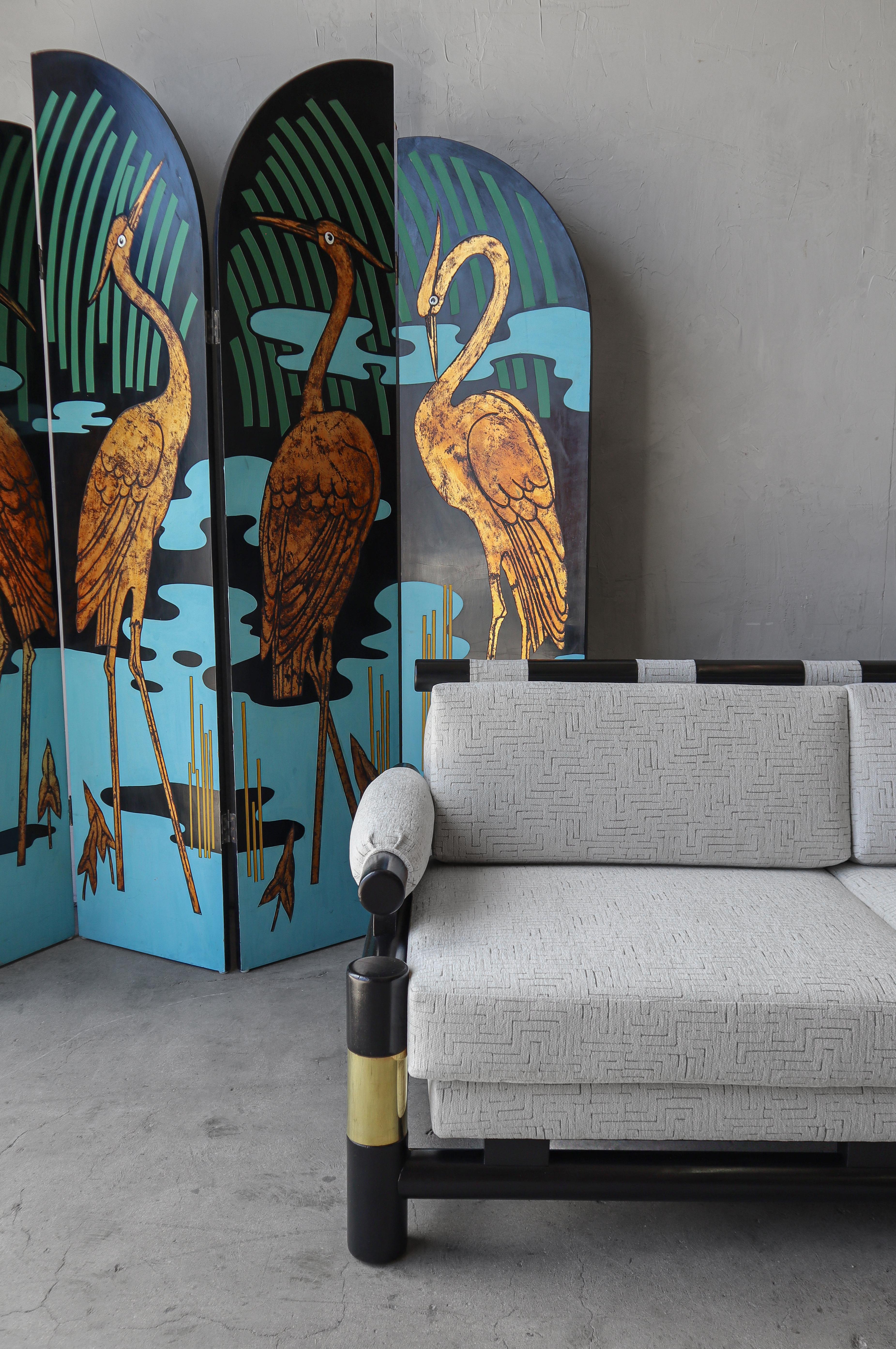 Absolutely stunning pair of pagoda style sofas by Baker Furniture Company.  If you are looking for a gorgeous pair of installation ready sofas, look no further.  This truly designer pair is a supreme class of furniture, 1980s originals.  Not only