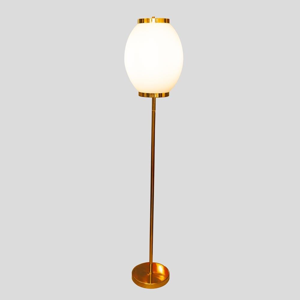 Pair of 1980s Floor Lamps Satin Glass Shade and Brass Metal Italian Design For Sale 2