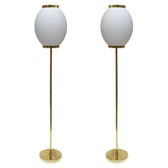 Pair of 1980s Floor Lamps Satin Glass Shade and Brass Metal Italian Design