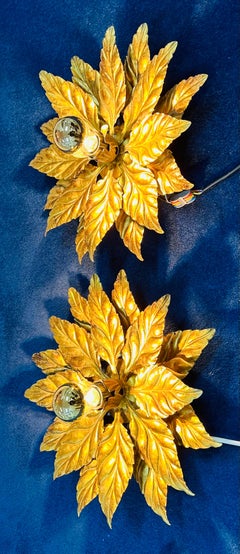 Pair of 1980s German Hans Kögl Gold-Gilded Metal Floral Wall Lights Flush Mounts