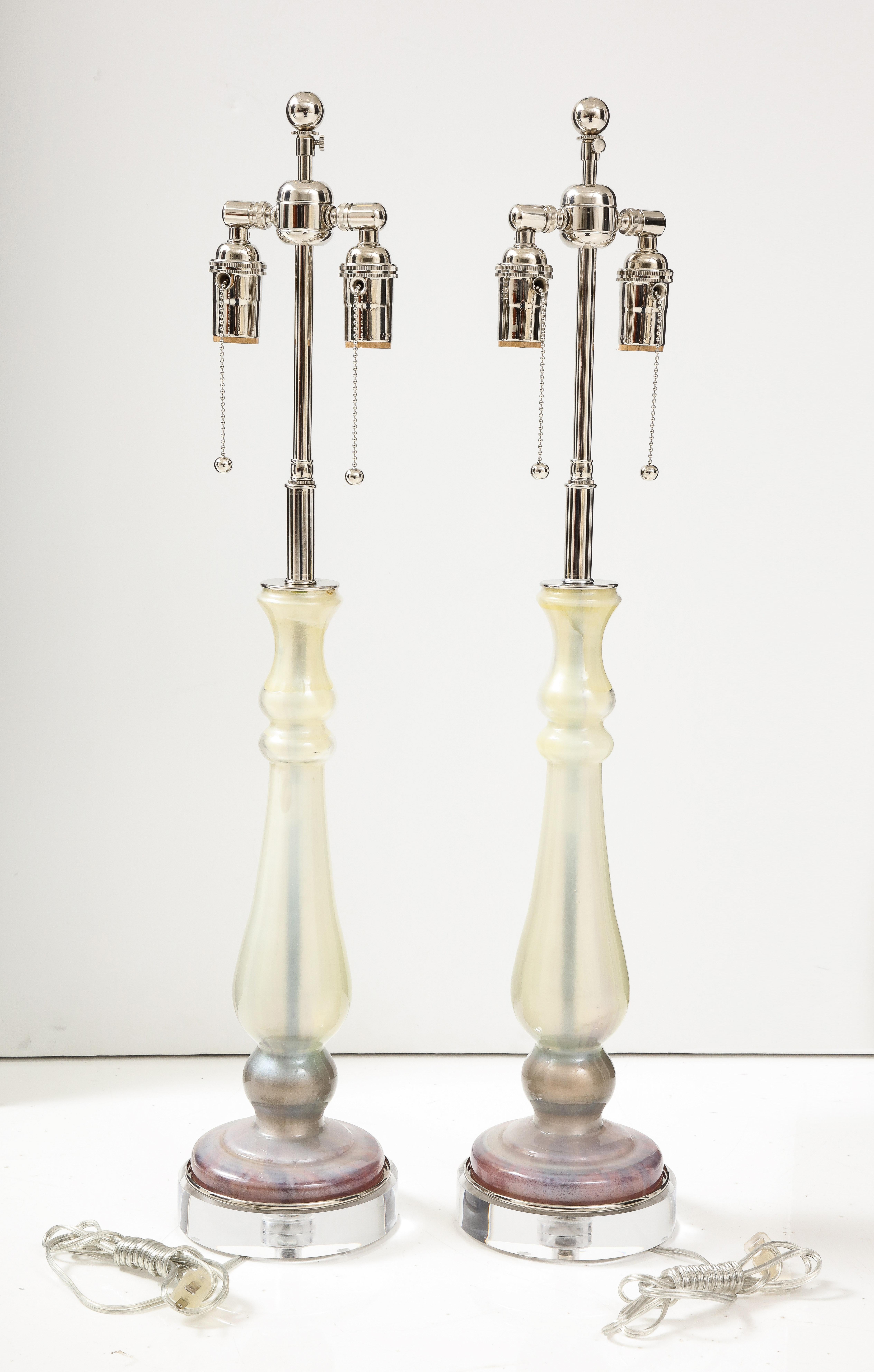 Pair of 1980's Glass Candlestick Lamps. For Sale 3
