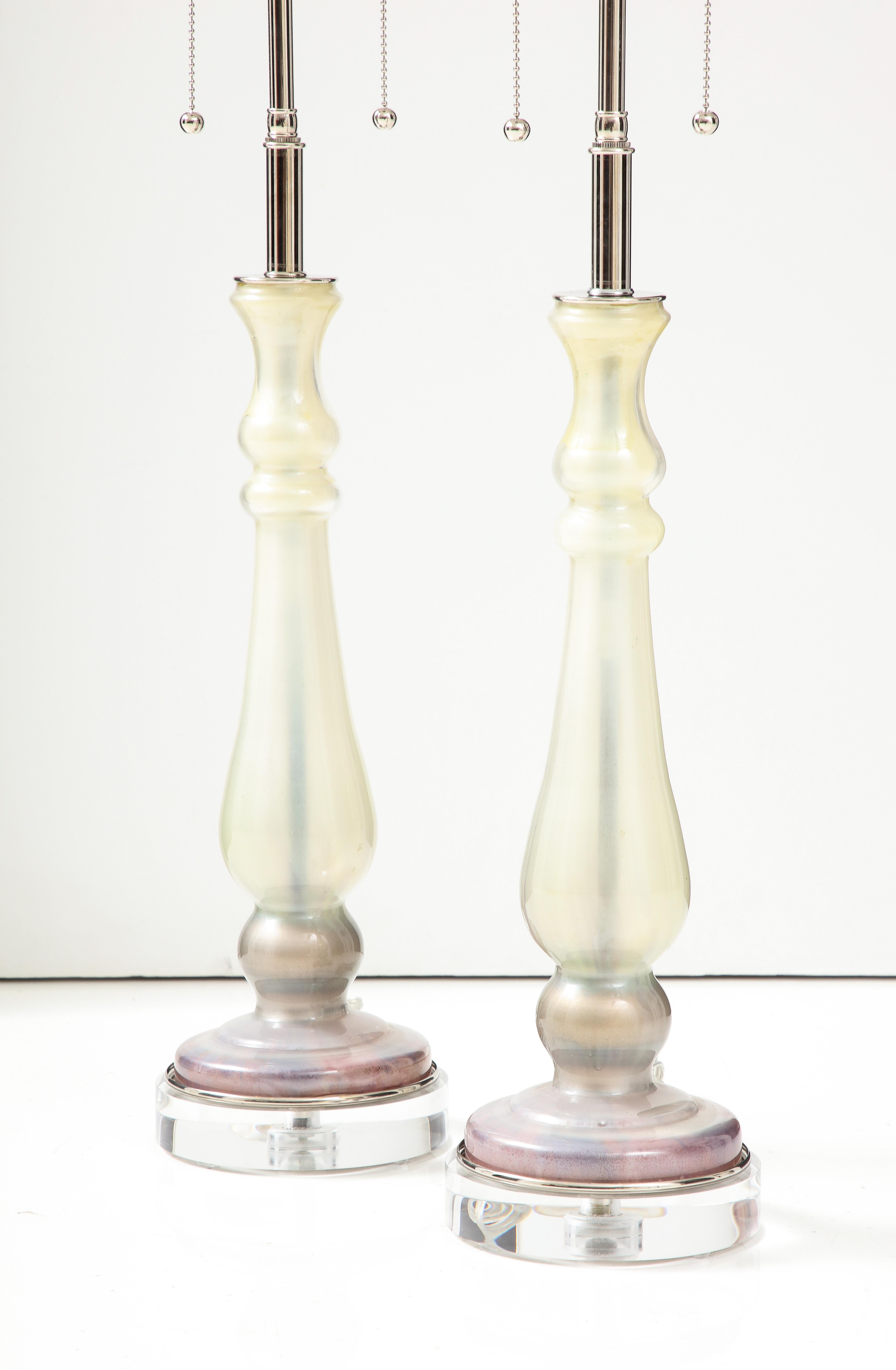 Italian Pair of 1980's Glass Candlestick Lamps. For Sale