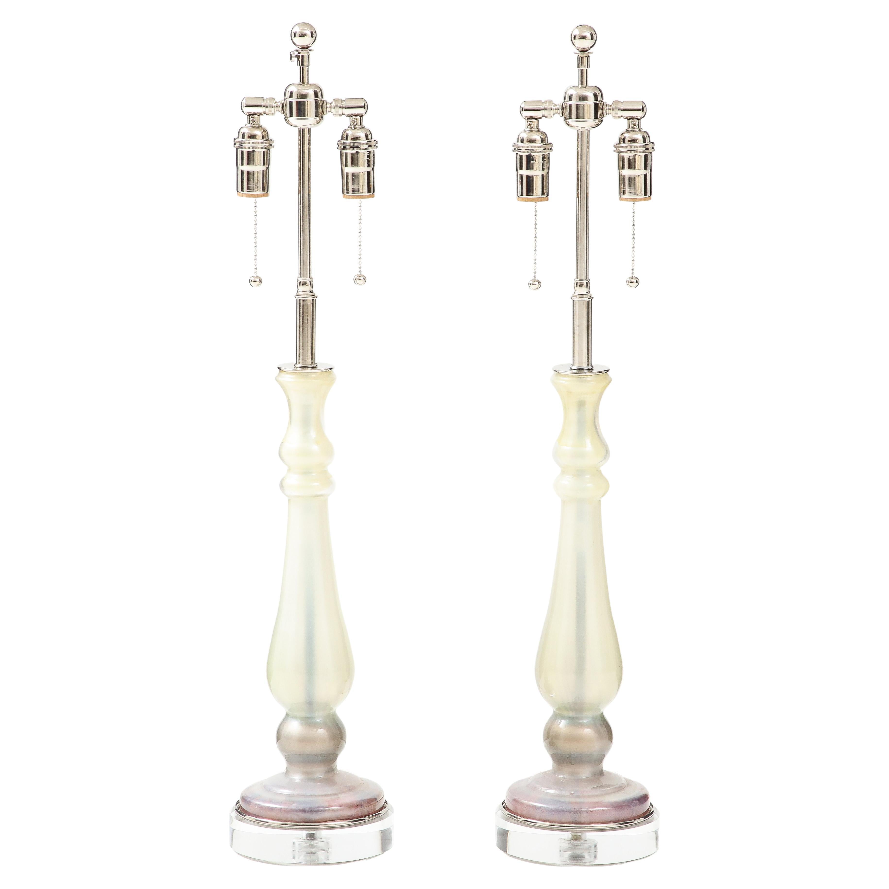 Pair of 1980's Glass Candlestick Lamps. For Sale